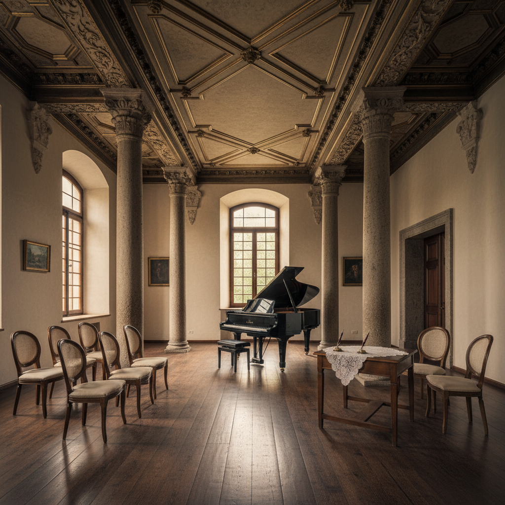 Salón de los Pilares en Santa Emilia: columnas rústicas, techos altos, suelos de madera y piano de cola, preparado para ceremonia civil con sillas y mesa de firmas.