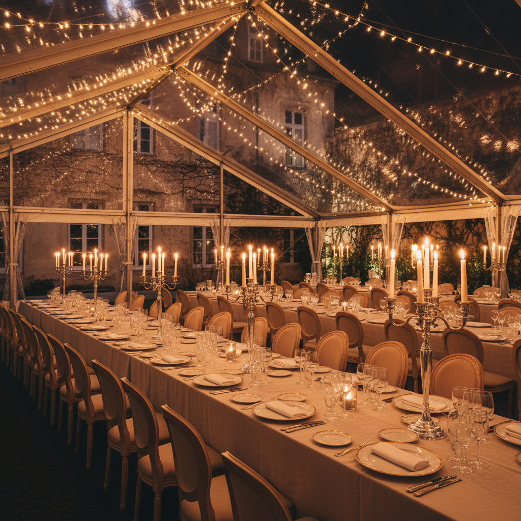 Banquete nocturno bajo carpa frame premium en el jardín de Santa Emilia: mesas imperiales, lino, vajilla elegante, candelabros, velas y luz cálida profesional, con el palacete al fondo.