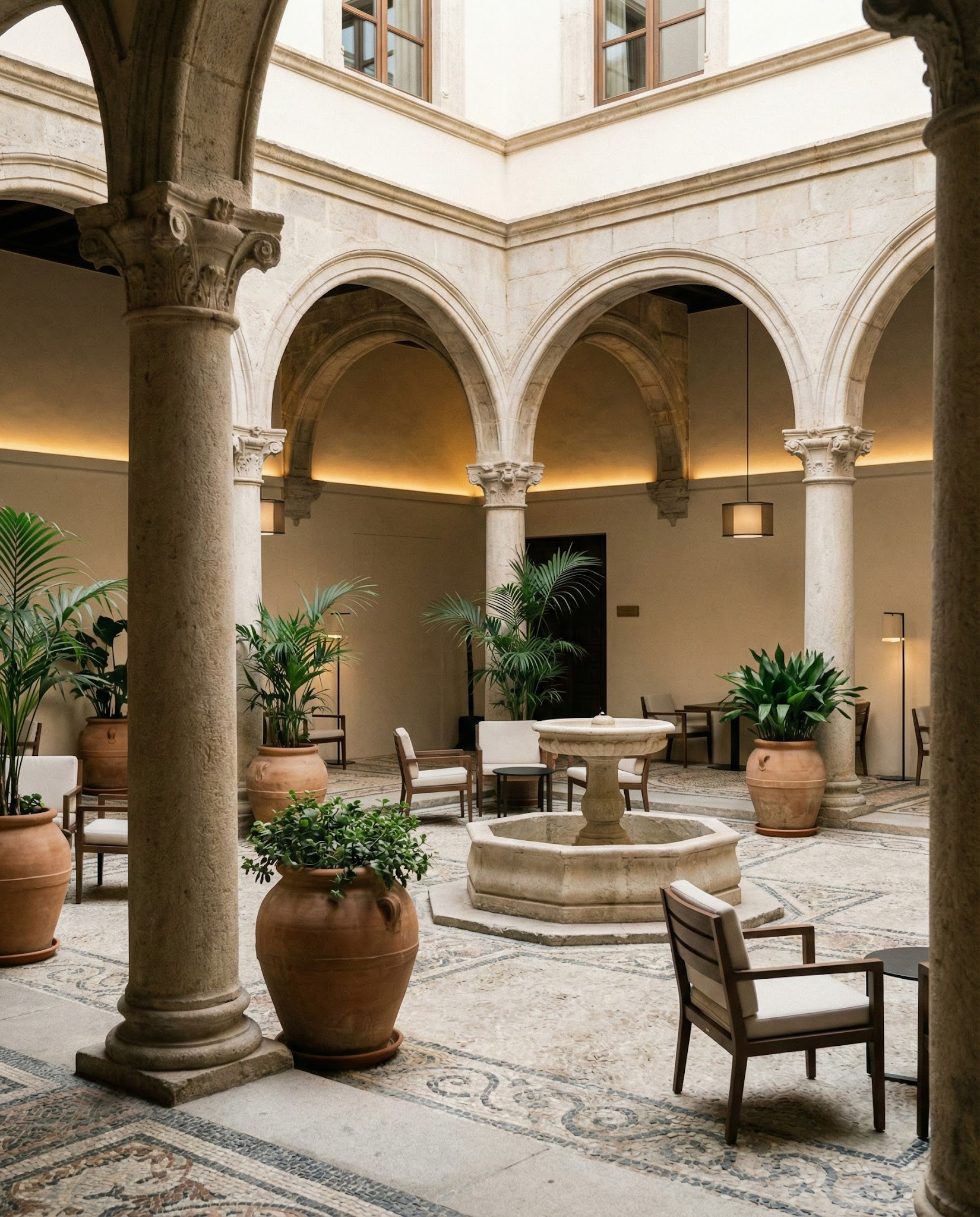Patio histórico de hotel palacio con arquerías de piedra, columnas, mosaico restaurado y fuente central