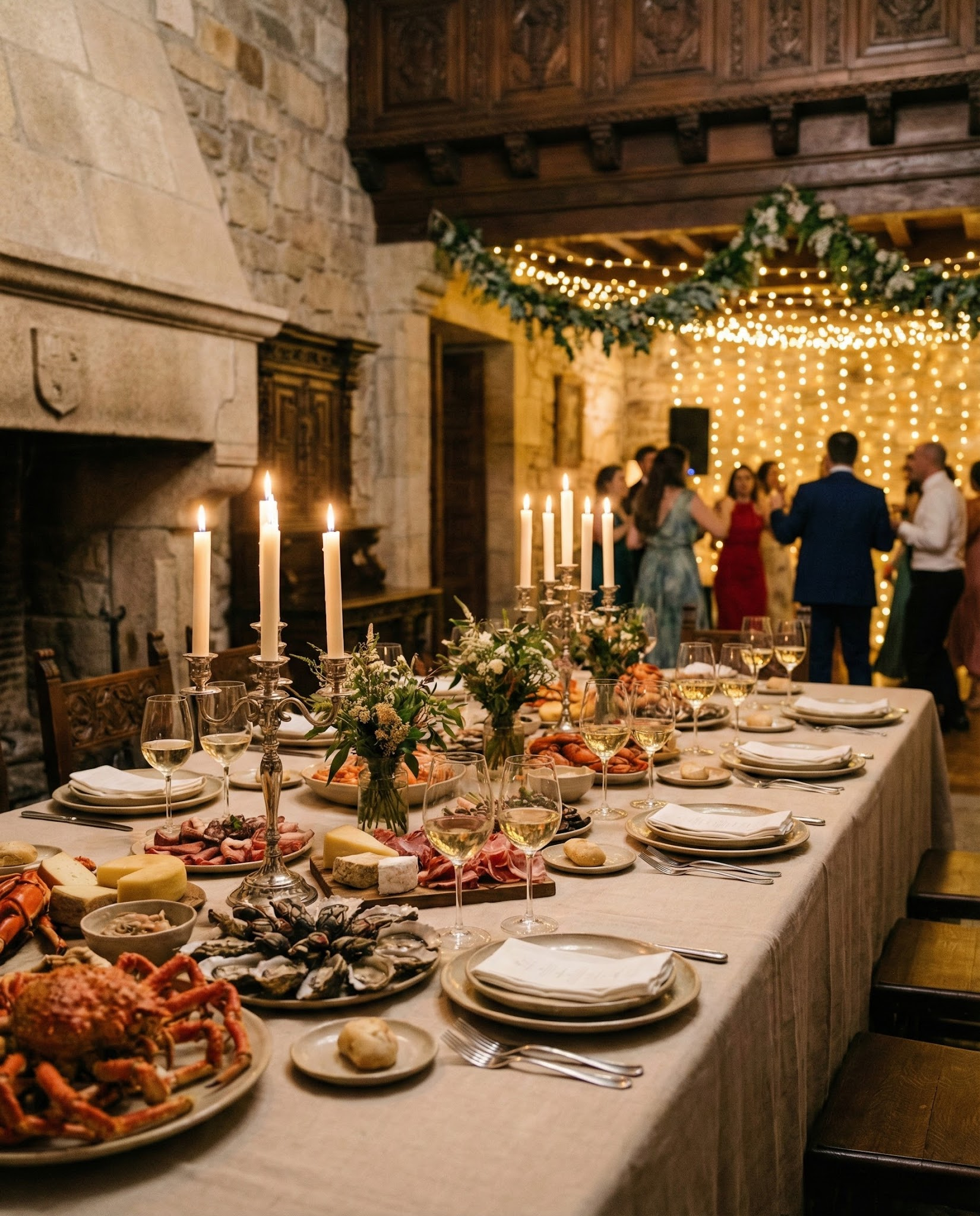 Banquete y fiesta en pazo con mesa imperial, producto local y salón histórico con iluminación cálida