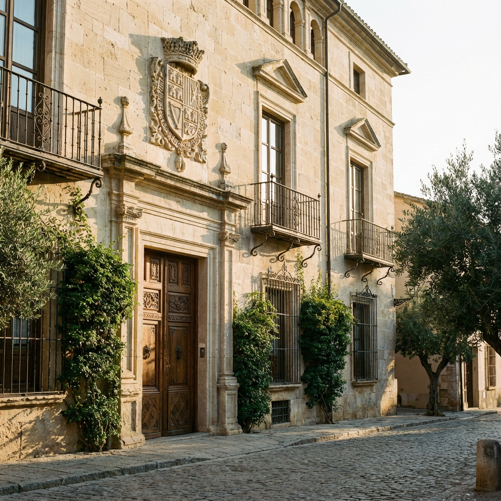 Exterior de un hotel palacio en España: fachada de piedra noble con escudo heráldico, balcón de forja y luz dorada de atardecer