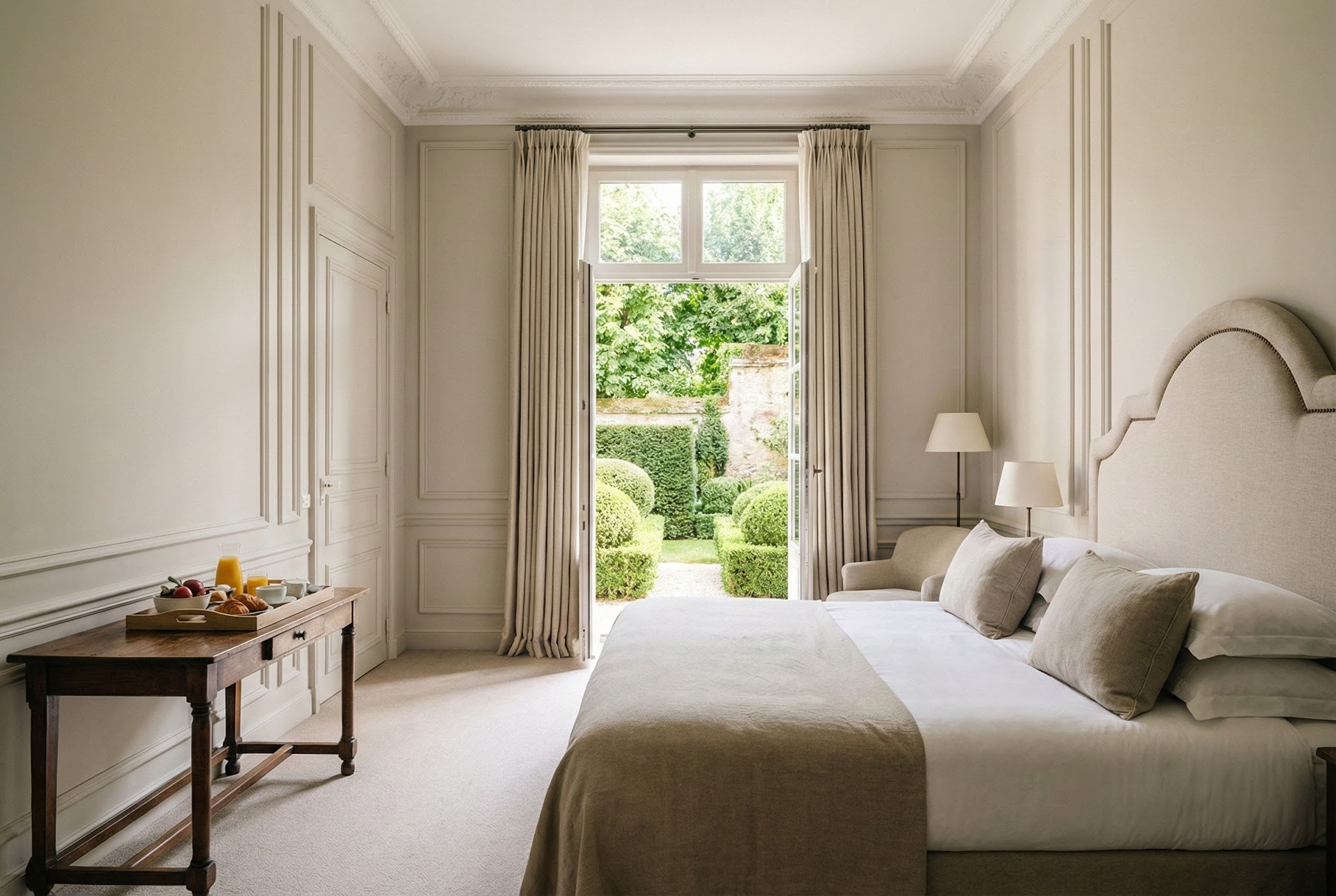 Suite con jardín en hotel palacio: dormitorio amplio, techos altos, molduras restauradas y acceso a un patio ajardinado privado