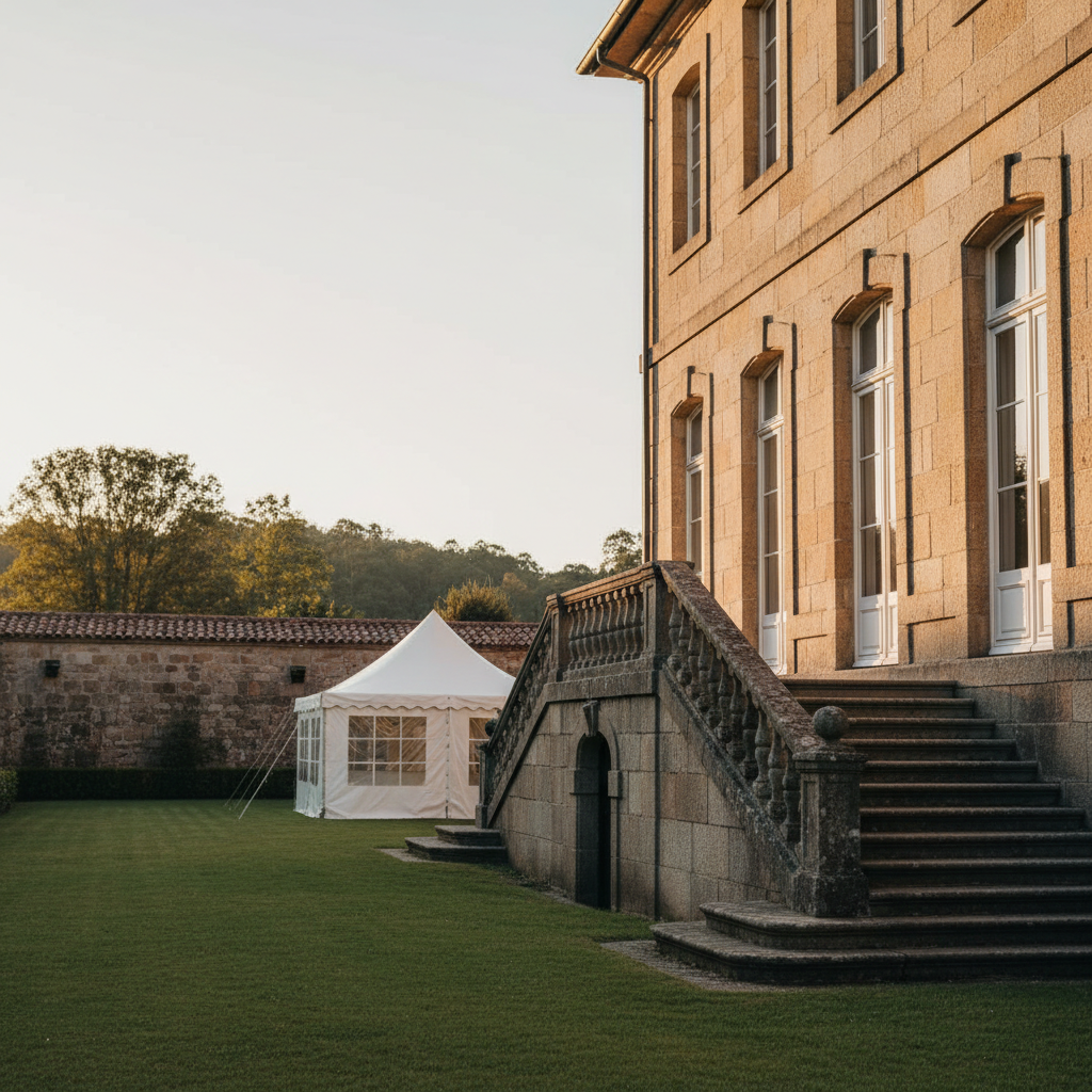 Palacete histórico indiano, una fachada de piedra al atardecer con escalinata y carpa blanca montada en el jardín amurallado.