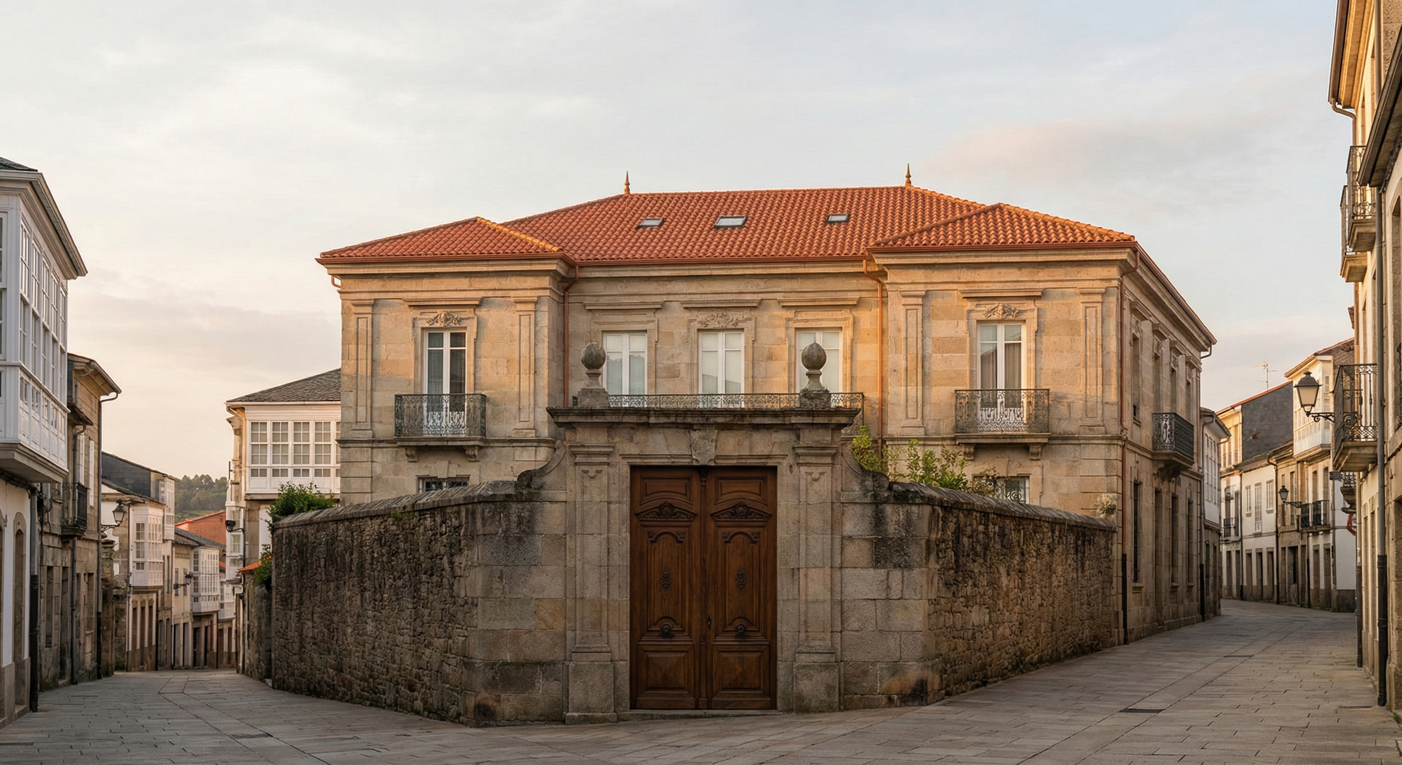 Fachada del Palacio Santa Emilia, palacete indiano neoclásico de 1924 en Mondoñedo (Lugo), con tejas rojas y muralla perimetral