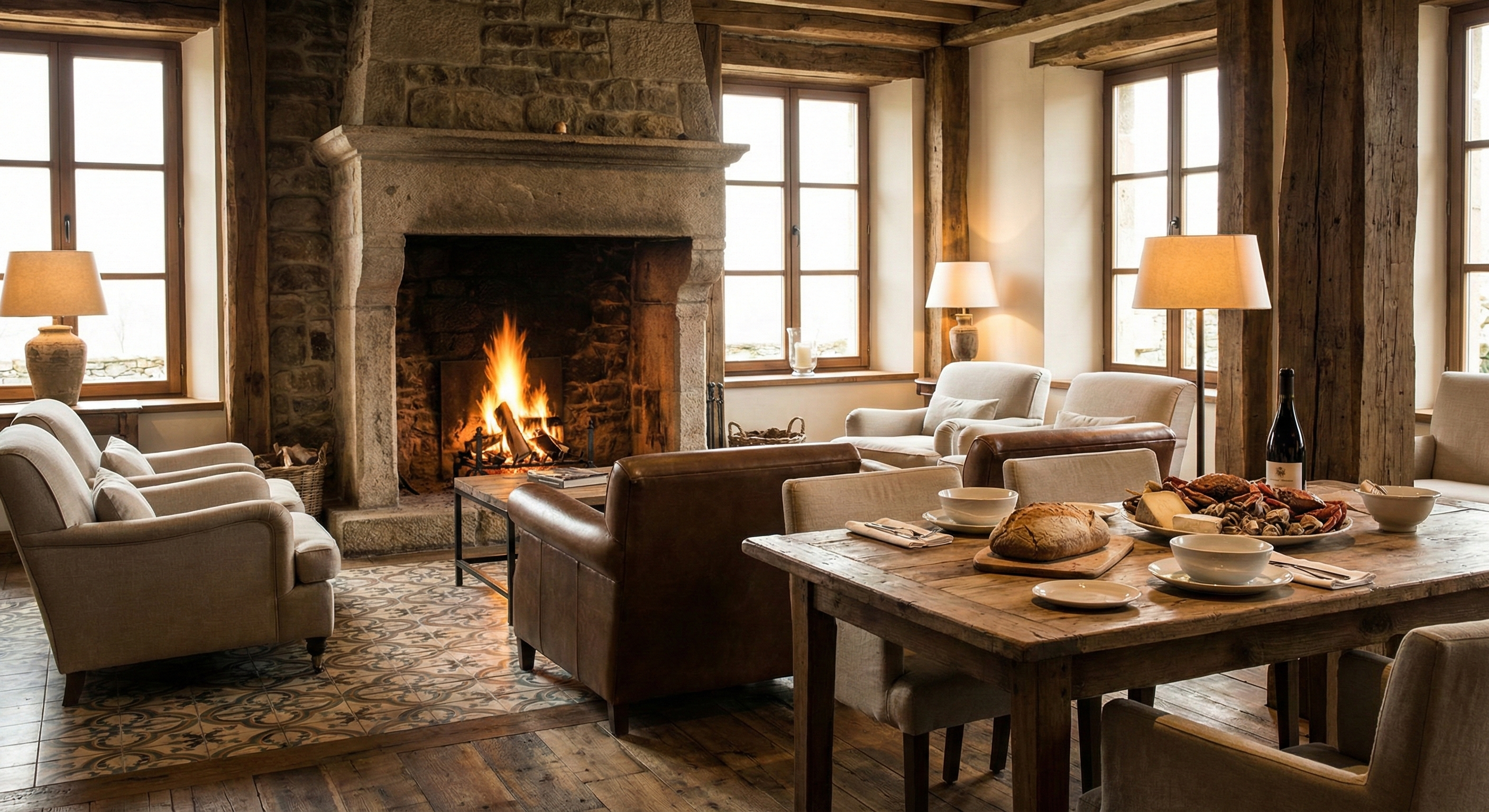 Interior de salón señorial con chimenea de piedra y mesa puesta, ejemplo de hotel rural con encanto