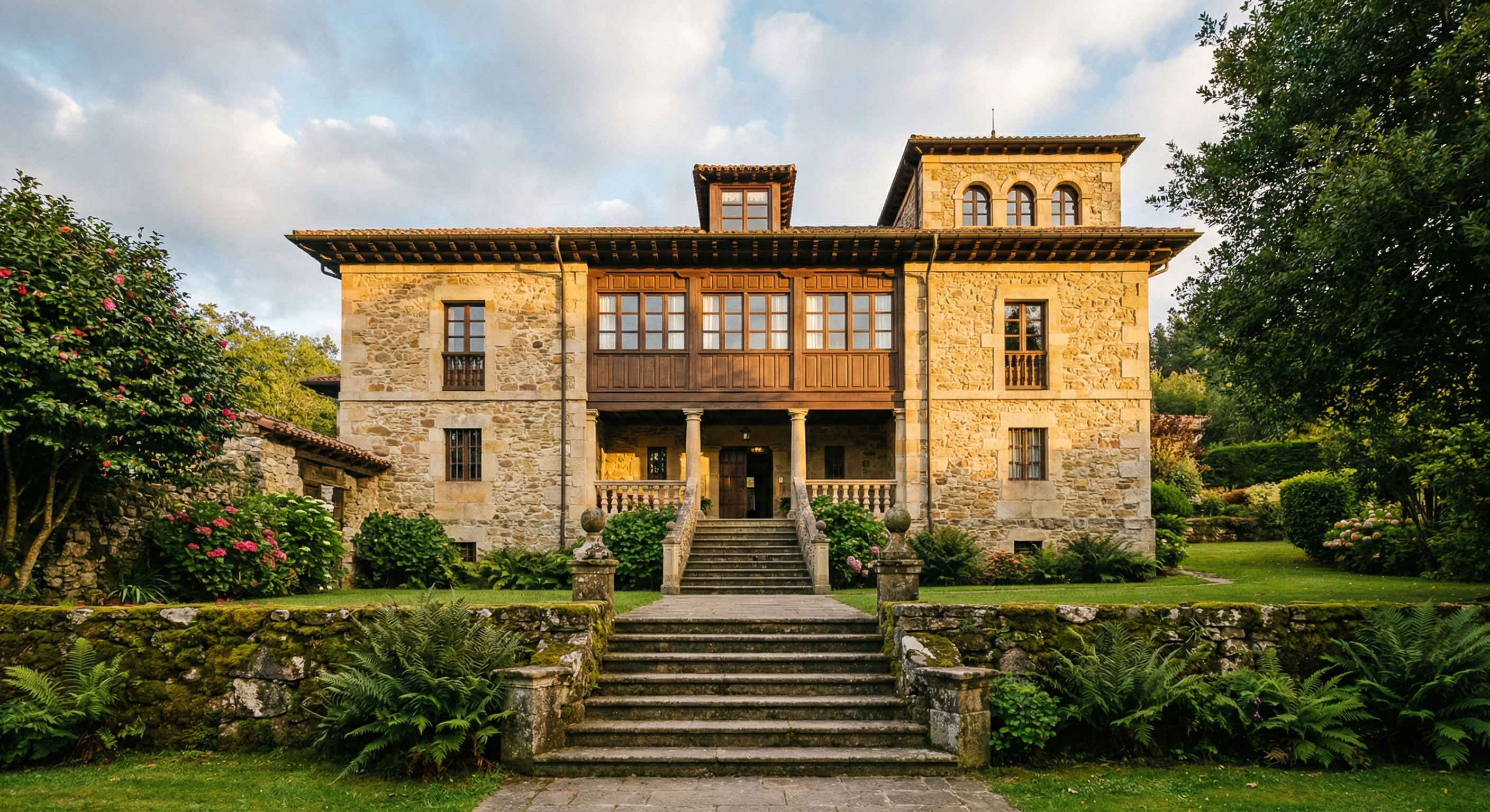 Palacete histórico del norte de España convertido en hotel rural con encanto, con fachada restaurada y jardín atlántico al atardecer