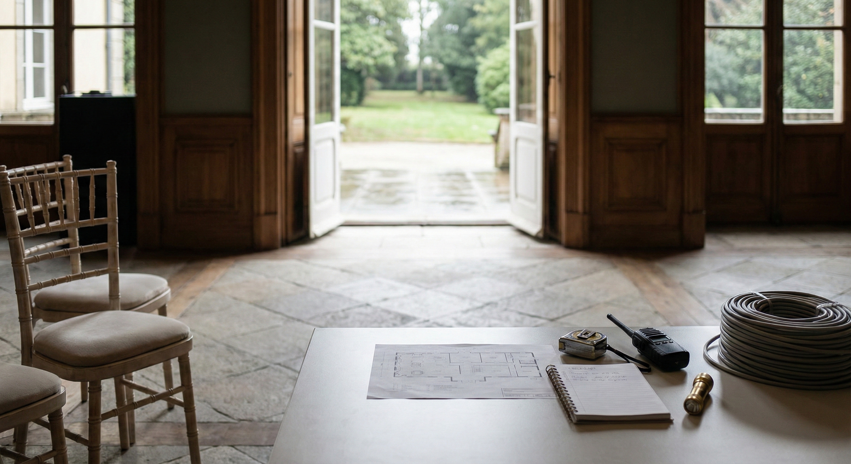 Mesa de planificación en salón histórico con checklist y plano de montaje, clave para elegir hoteles con encanto en Galicia para bodas