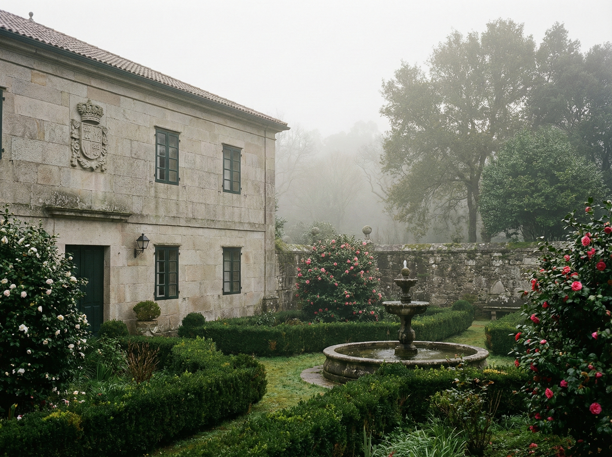 Pazo gallego de granito con jardín barroco y bruma atlántica al atardecer, escena típica de hoteles con encanto en Galicia