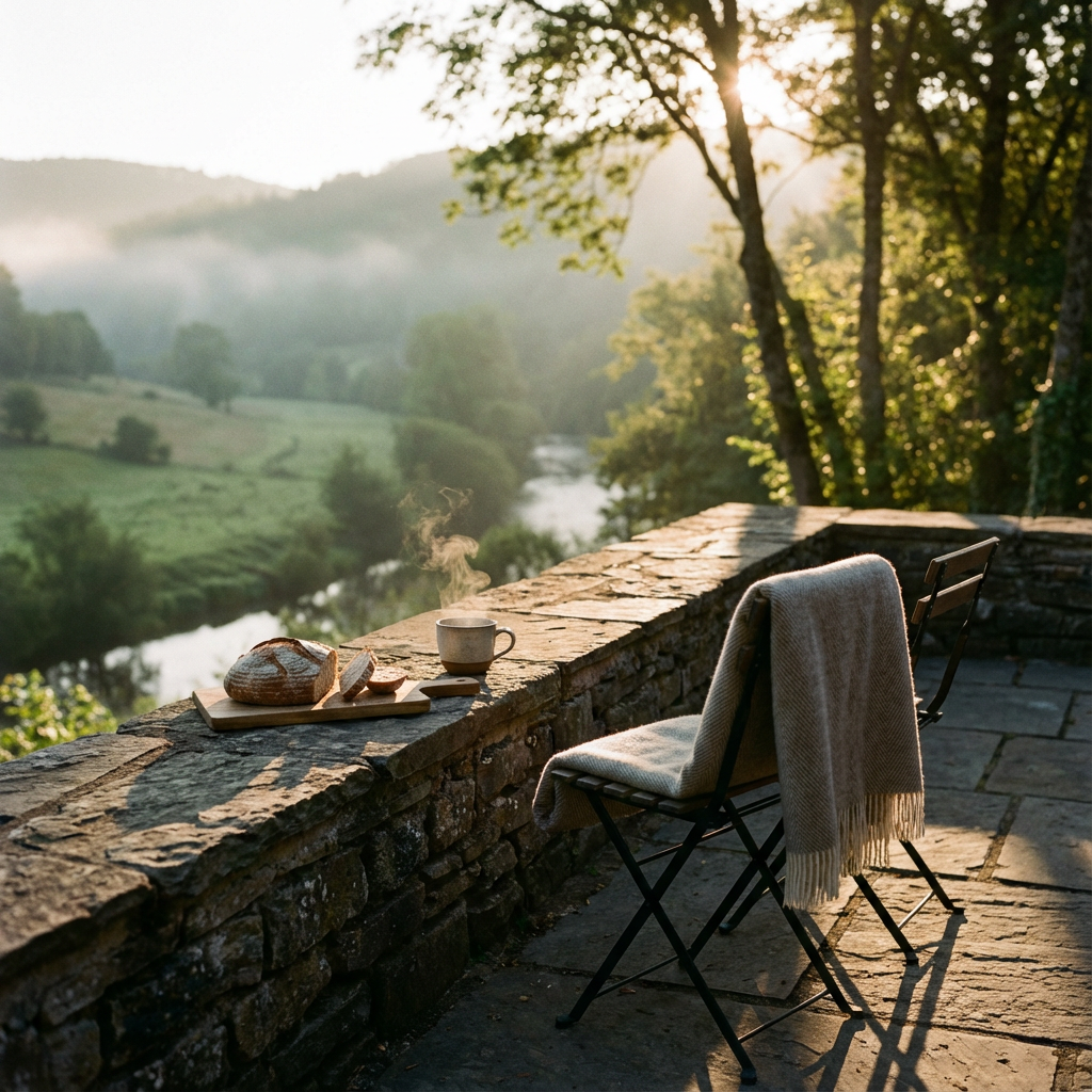 Terraza de piedra al amanecer con café humeante y valle verde: escena íntima de escapada romántica rural