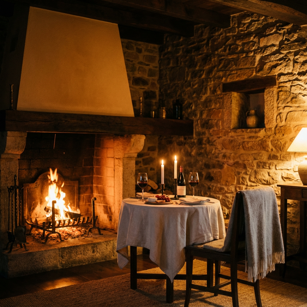 Interior rural con chimenea encendida y mesa para dos: cena íntima para una escapada romántica rural