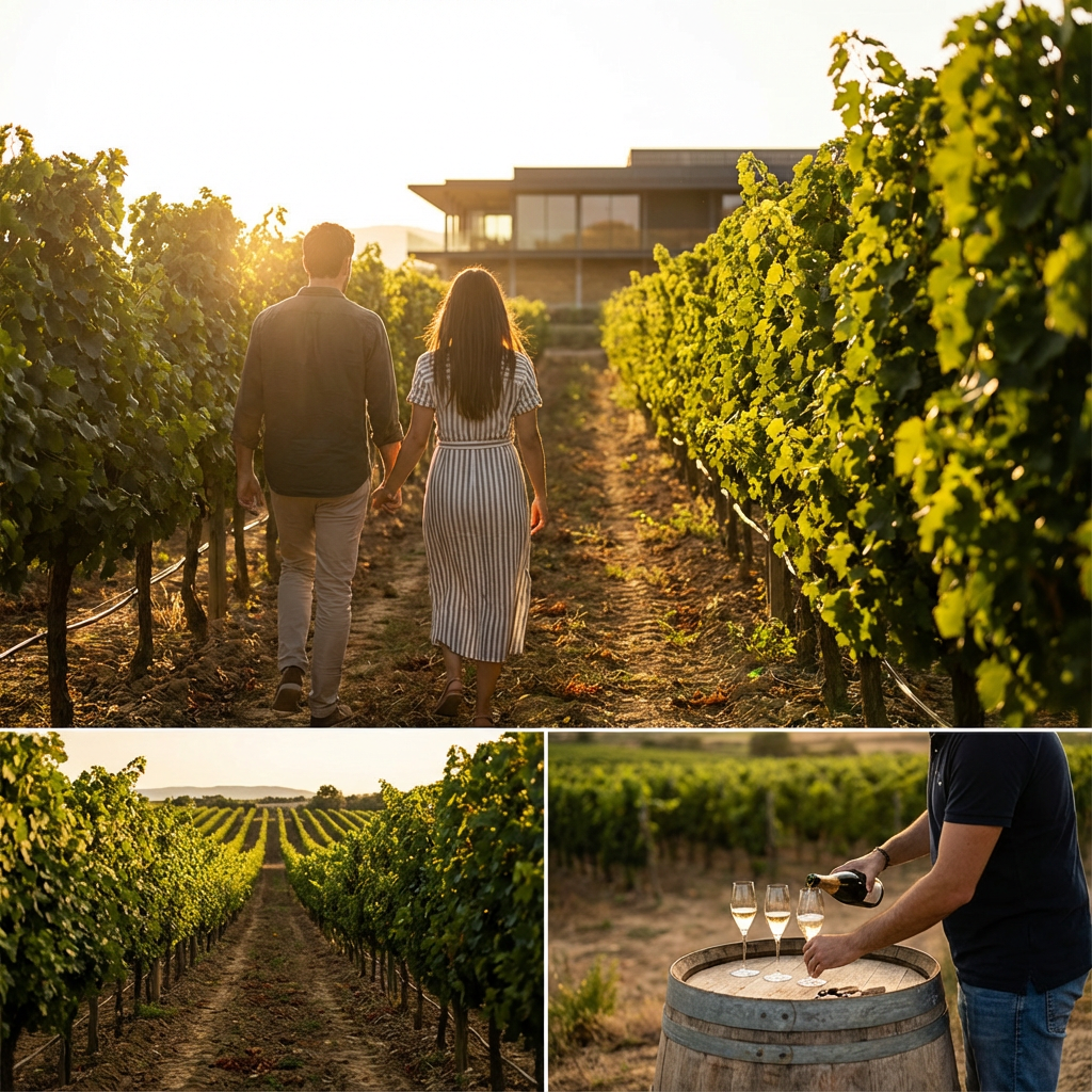 Paseo entre viñedos al atardecer con cata: plan gourmet para escapada romántica rural