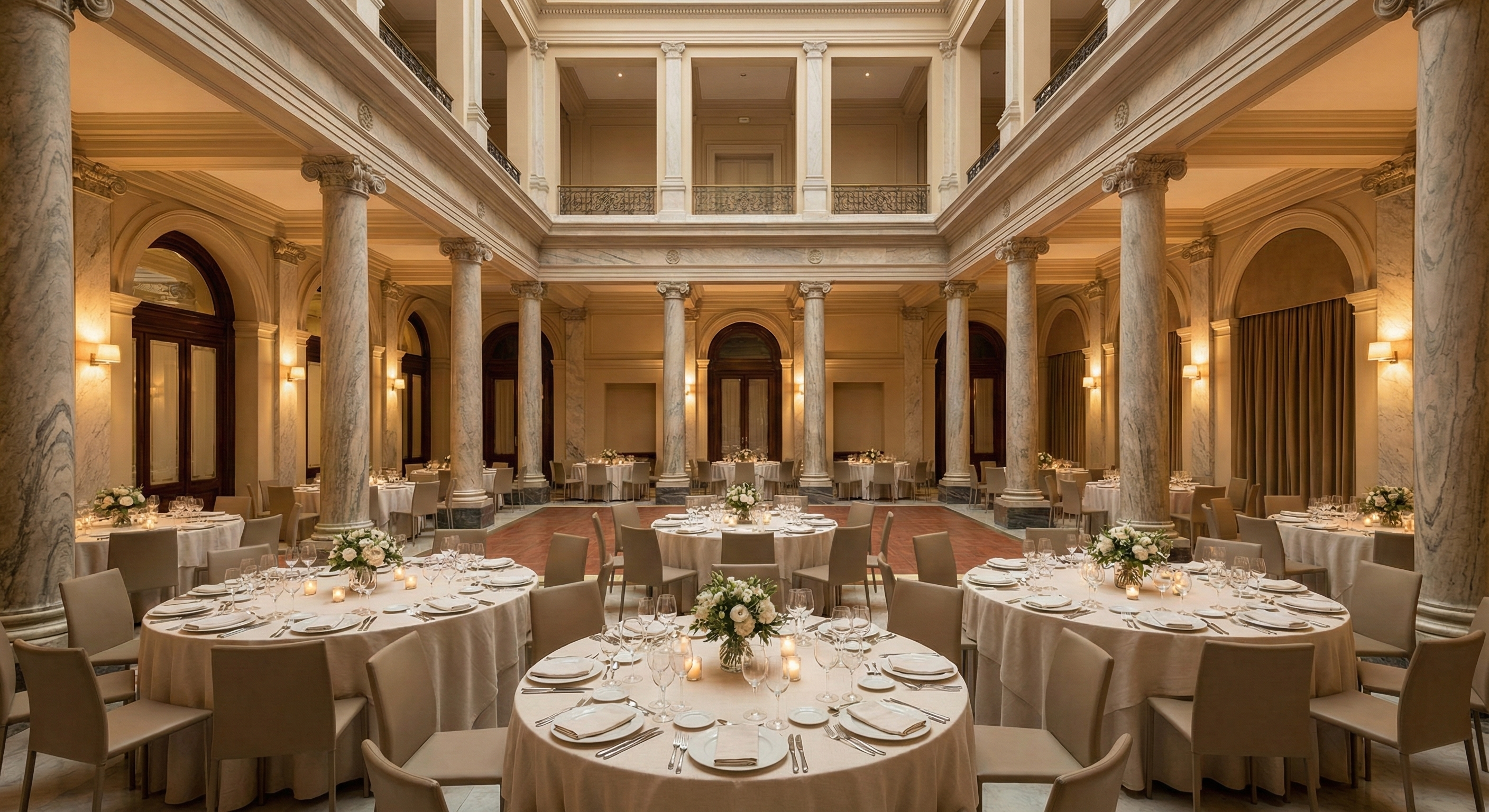 Salón de los Pilares preparado para banquete de boda con mesas redondas, iluminación cálida y pista de baile