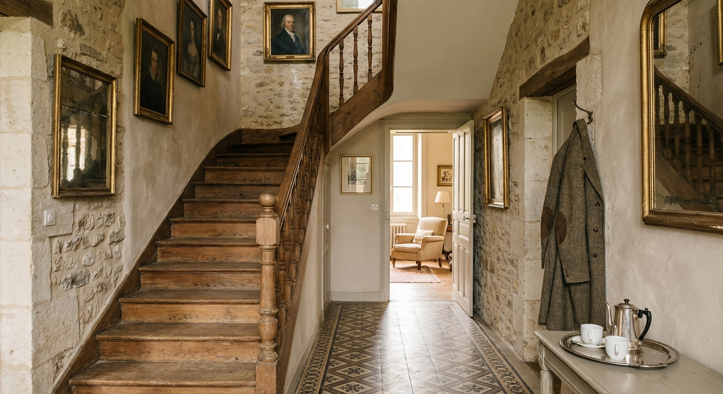 Escalera amplia de madera noble y galería interior de casona rehabilitada, arquitectura clásica de hotel de campo con aire old money