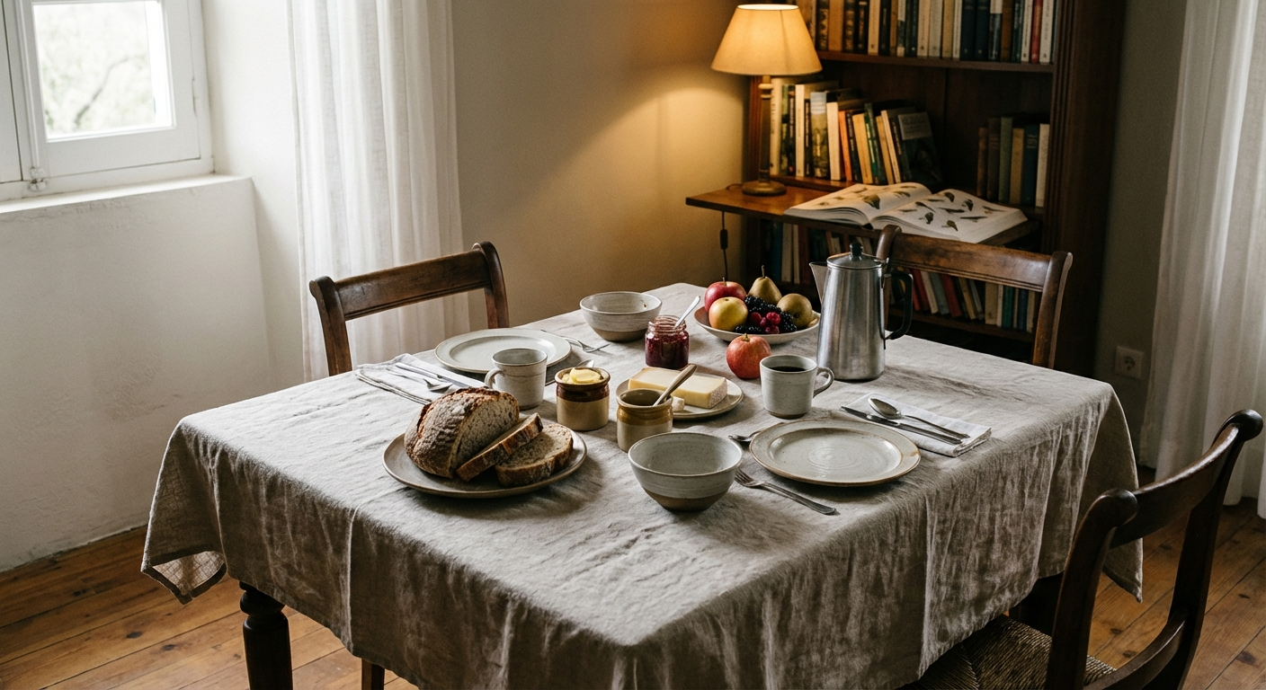 Mesa de desayuno km0 con pan artesano, queso regional, fruta y miel en comedor clásico de hotel de campo con aire heredado