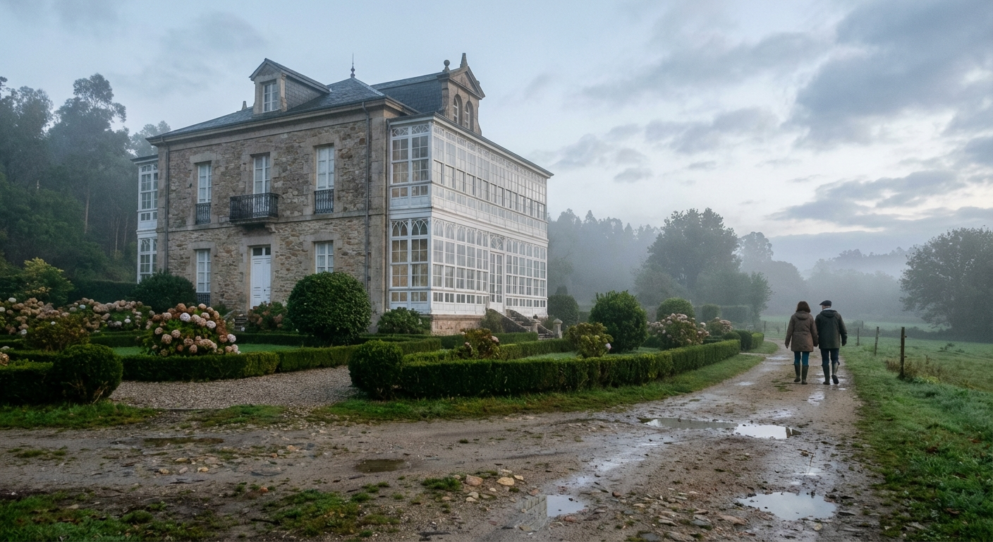 Exterior de palacete histórico en la España Verde: fachada de piedra, jardín húmedo y niebla suave, entorno tranquilo de hotel de campo