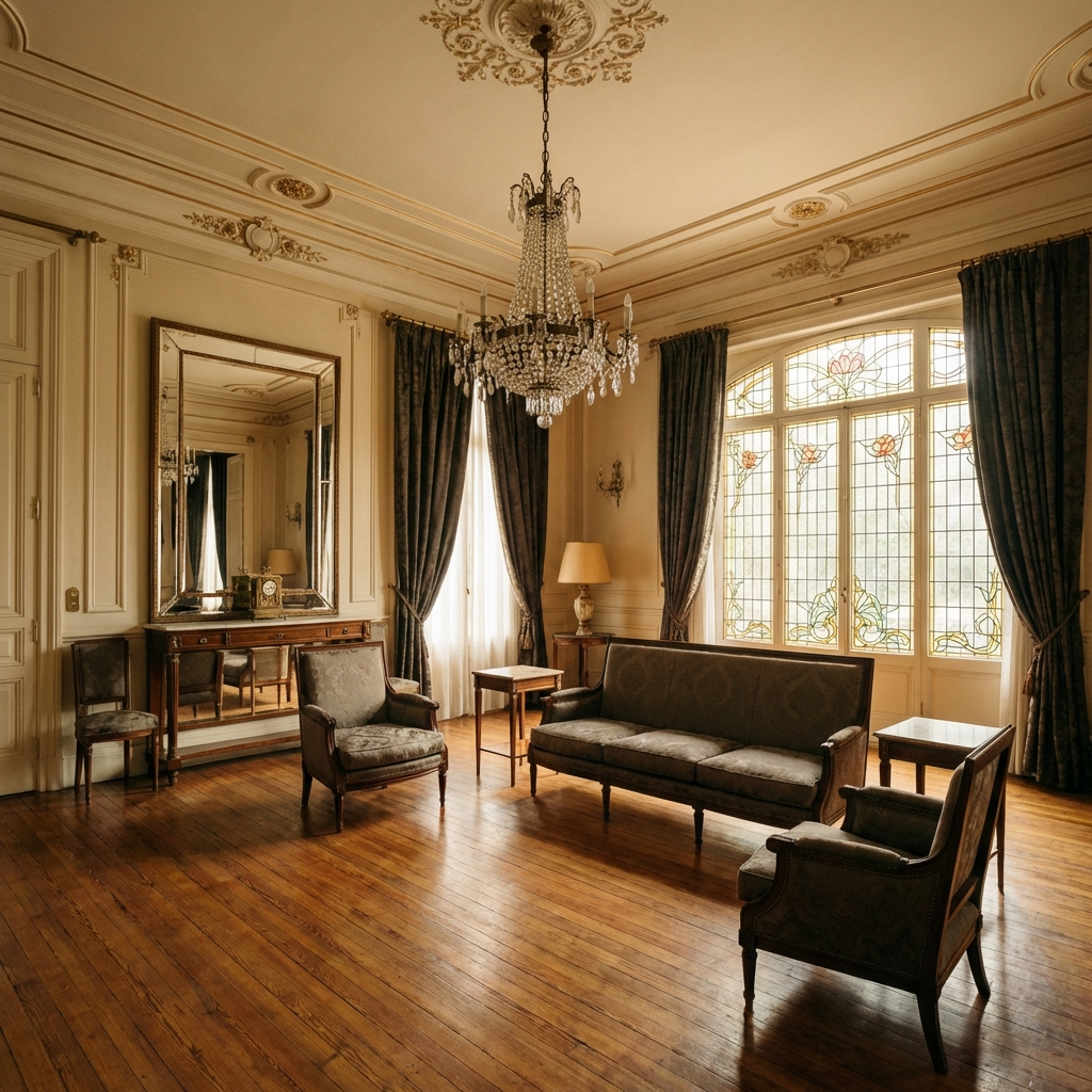 Salón de la planta noble de Santa Emilia con tarima de pinotea, molduras originales, vidriera y lámpara de cristal