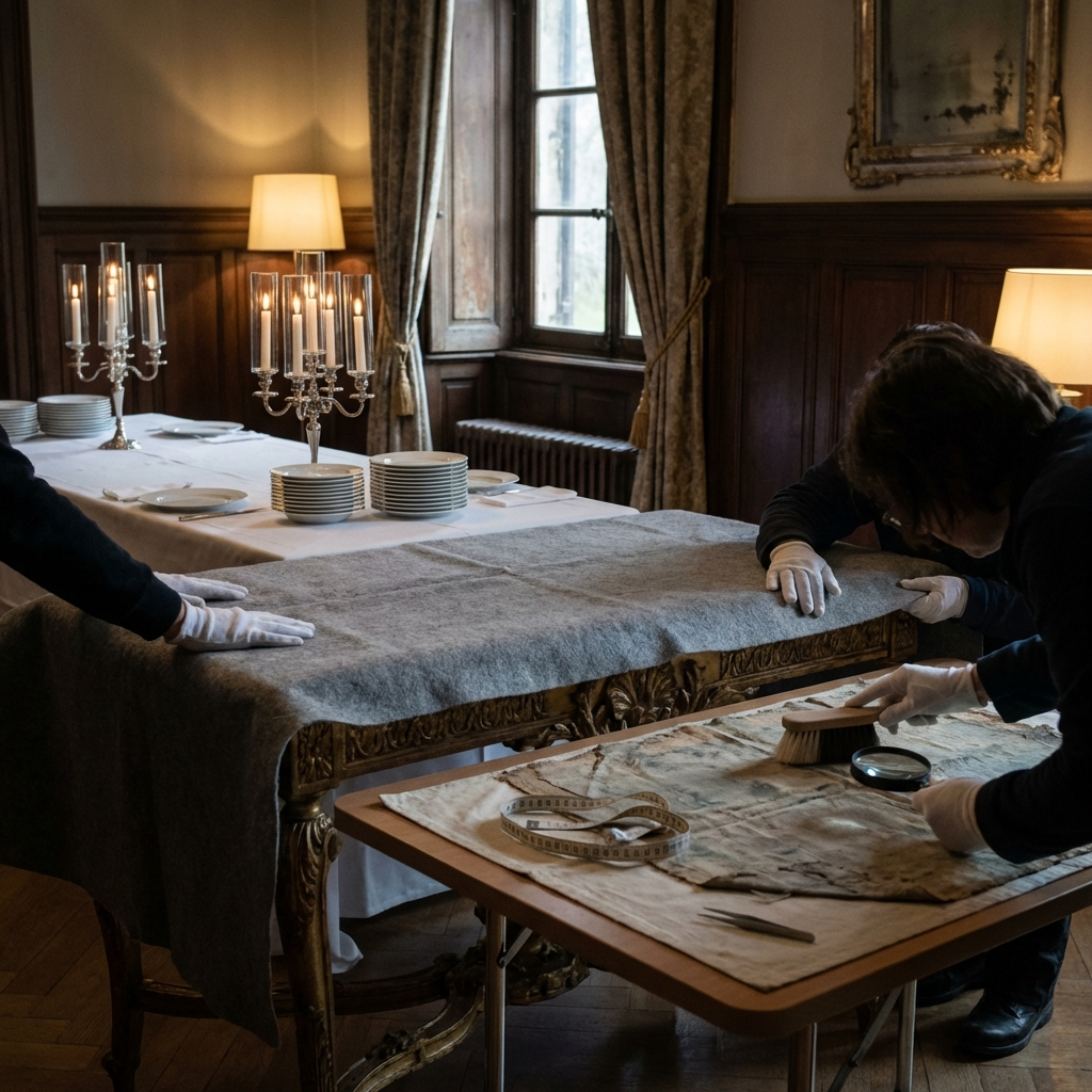 Conservación preventiva en Santa Emilia durante el montaje de un banquete: protección temporal de piezas y trabajo de conservadores-restauradores