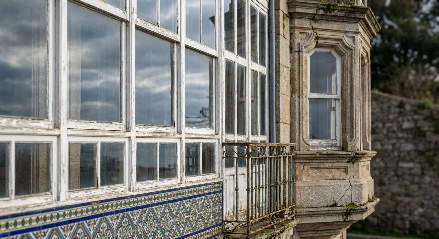 Exterior de una casa indiana en Galicia con fachada de granito, azulejería, galería acristalada y jardín con palmeras y araucaria