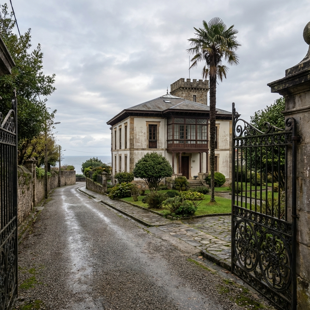 Vista exterior de una casa indiana en la cornisa cantábrica con torre-mirador, galería acristalada, verja de forja y palmera en el jardín