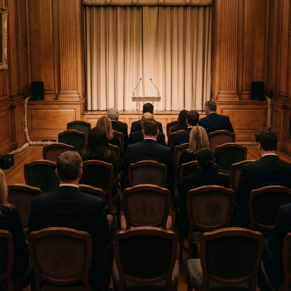 Evento cultural o corporativo en sala noble: configuración tipo teatro en finca para eventos, iluminación cálida, escenario discreto y producción responsable.