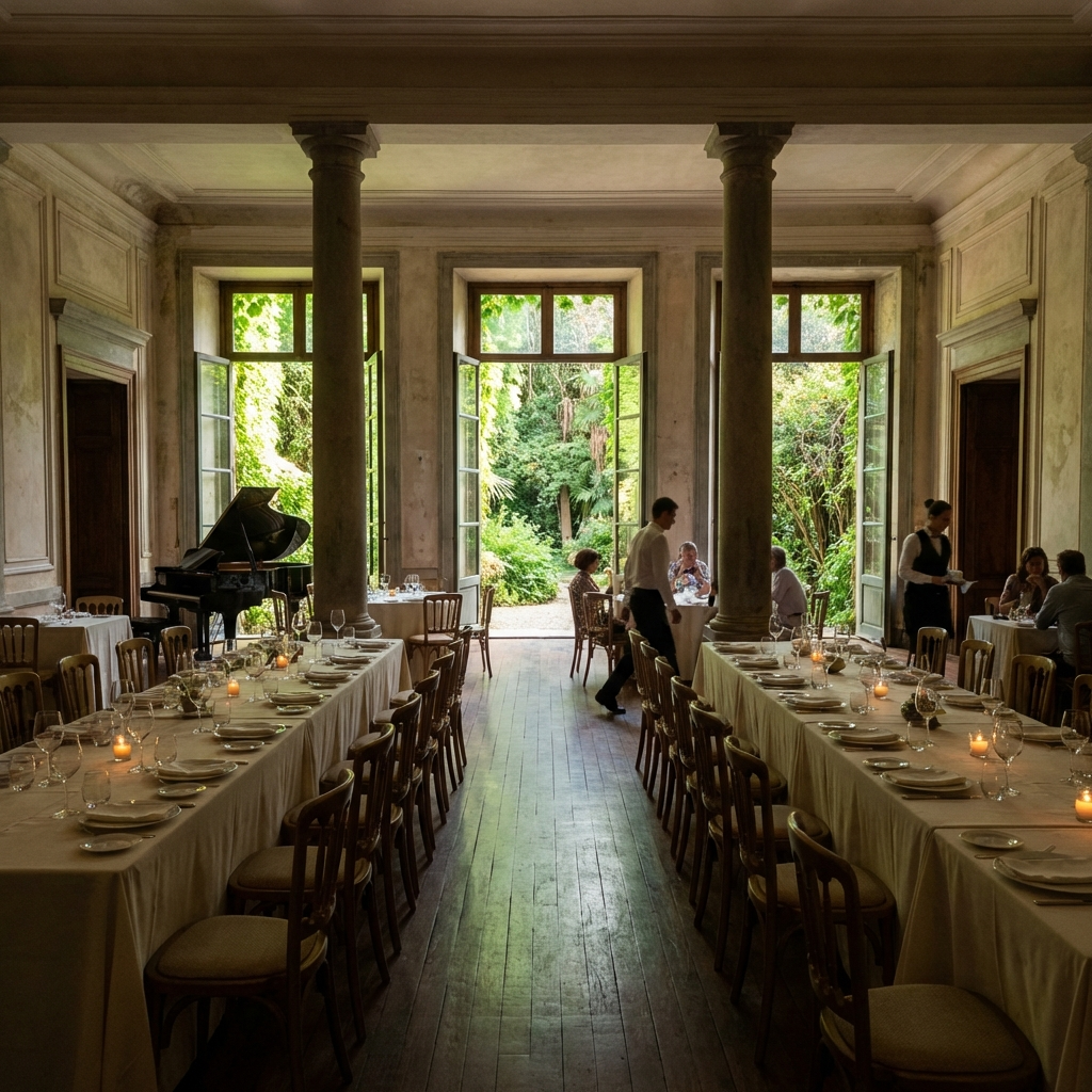 Salón de los Pilares en Palacio Santa Emilia: interior para finca para eventos con banquete premium de 80–90 comensales y puertas abiertas al jardín.