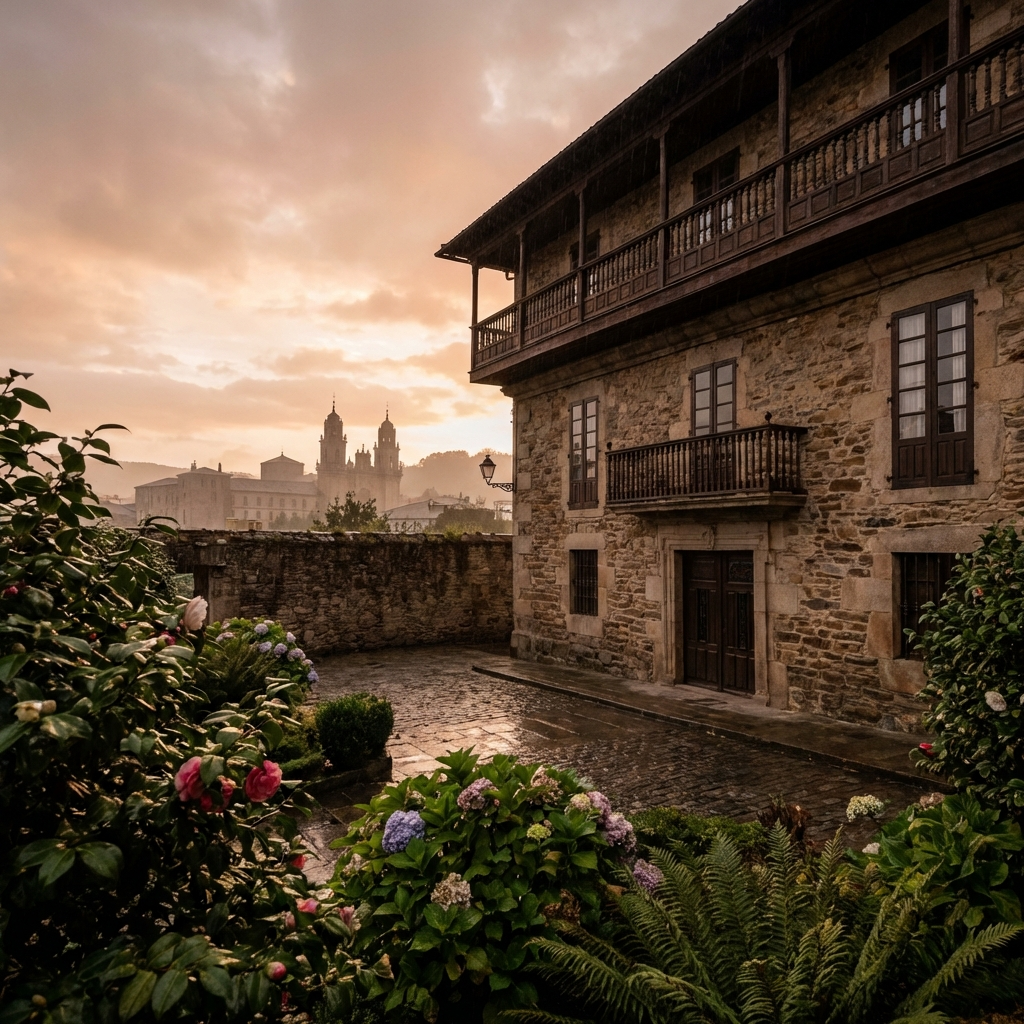 Exterior del Palacio Santa Emilia en Mondoñedo: finca para eventos con palacete histórico de 1924, jardín amurallado y atmósfera patrimonial al atardecer.