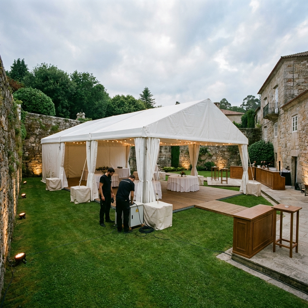 Montaje de carpa blanca premium en jardín amurallado: finca para eventos con plan A/plan B por lluvia y viento, iluminación cálida y logística ordenada.