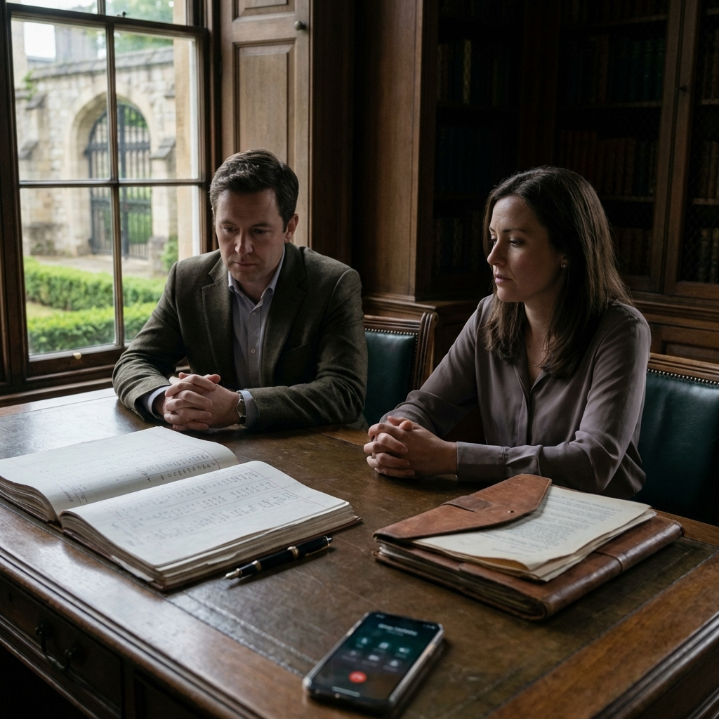 Negociación y presupuesto desglosado en un despacho histórico: contrato, partidas y llamada para cerrar condiciones de un palacete para boda o evento premium