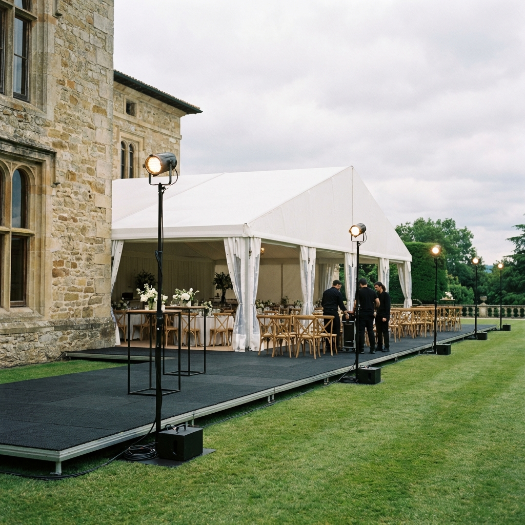 Producción premium con plan B de lluvia en un palacete histórico: carpa a medida, tarima, iluminación reversible y montaje sin perforaciones en jardín