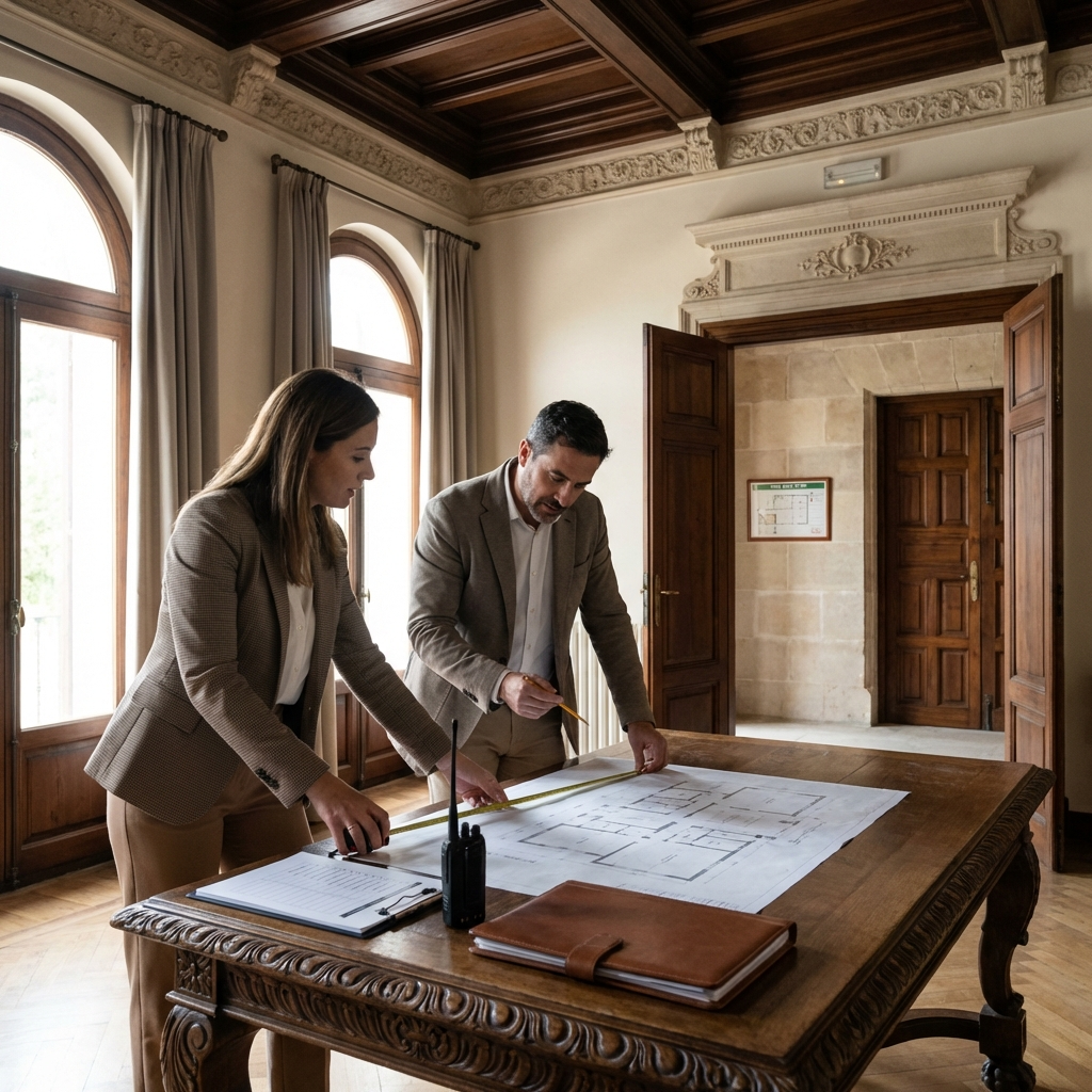 Visita técnica a un salón noble de palacete: wedding planner y venue manager revisan plano de aforo, evacuación y montaje para un evento premium