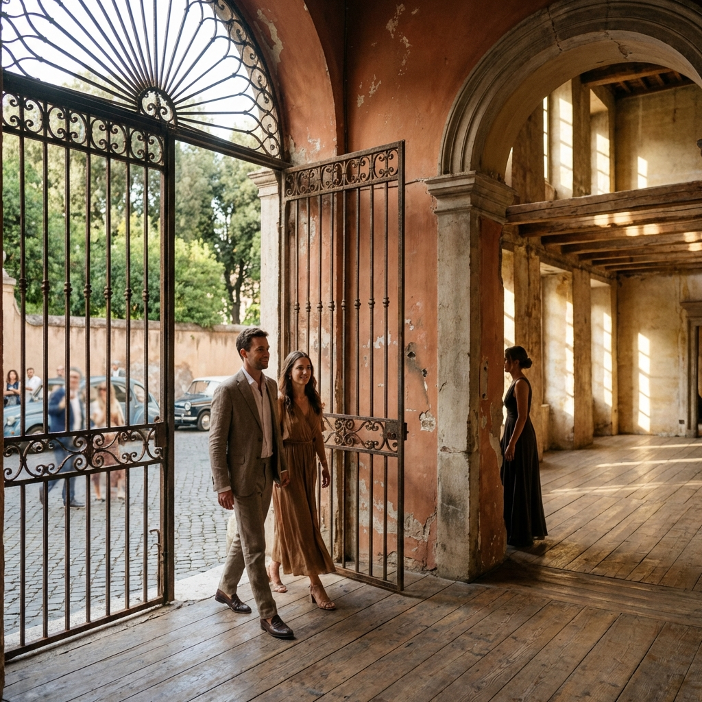 Entrada a un palacete histórico en España: puerta de hierro forjado, zaguán de piedra y salón con luz natural, ideal para bodas y eventos premium