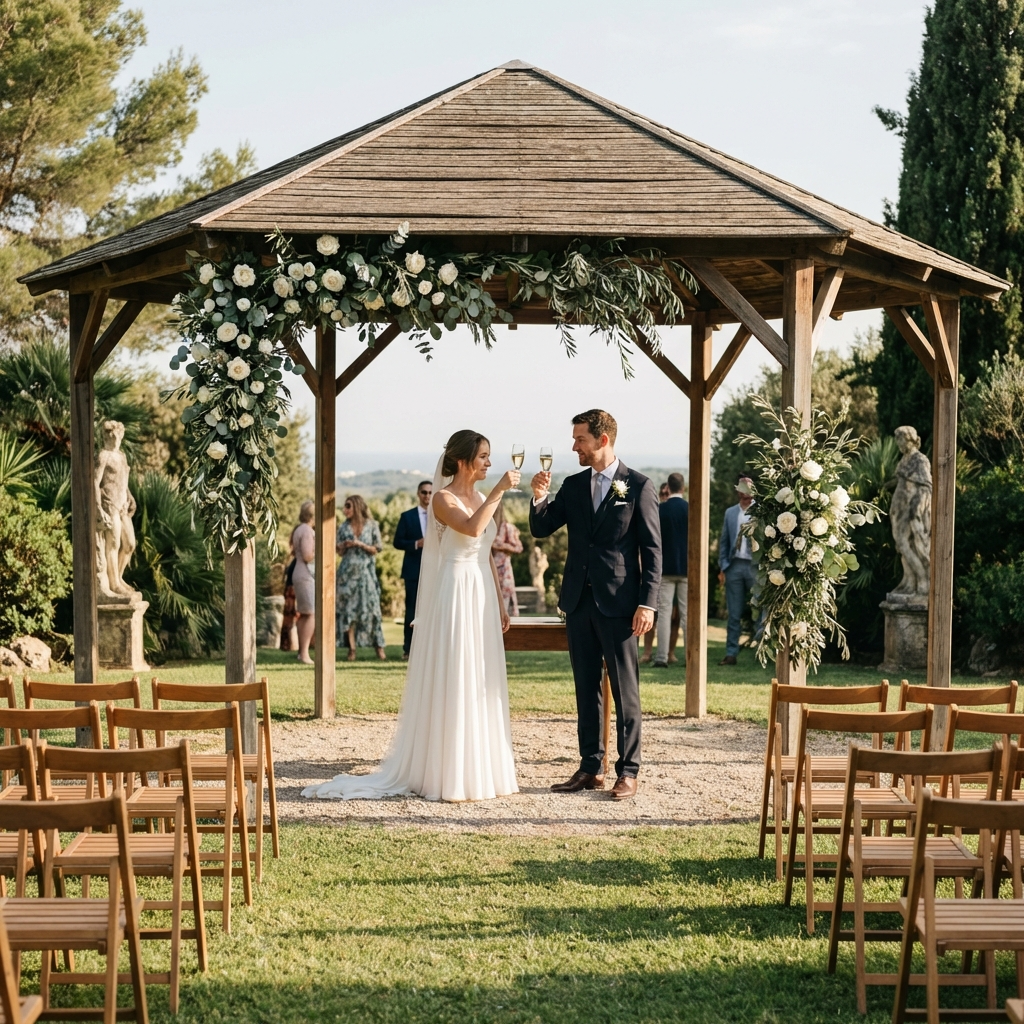 Ceremonia civil en jardín con gazebo, sillas alineadas y brindis de los novios en un club de campo