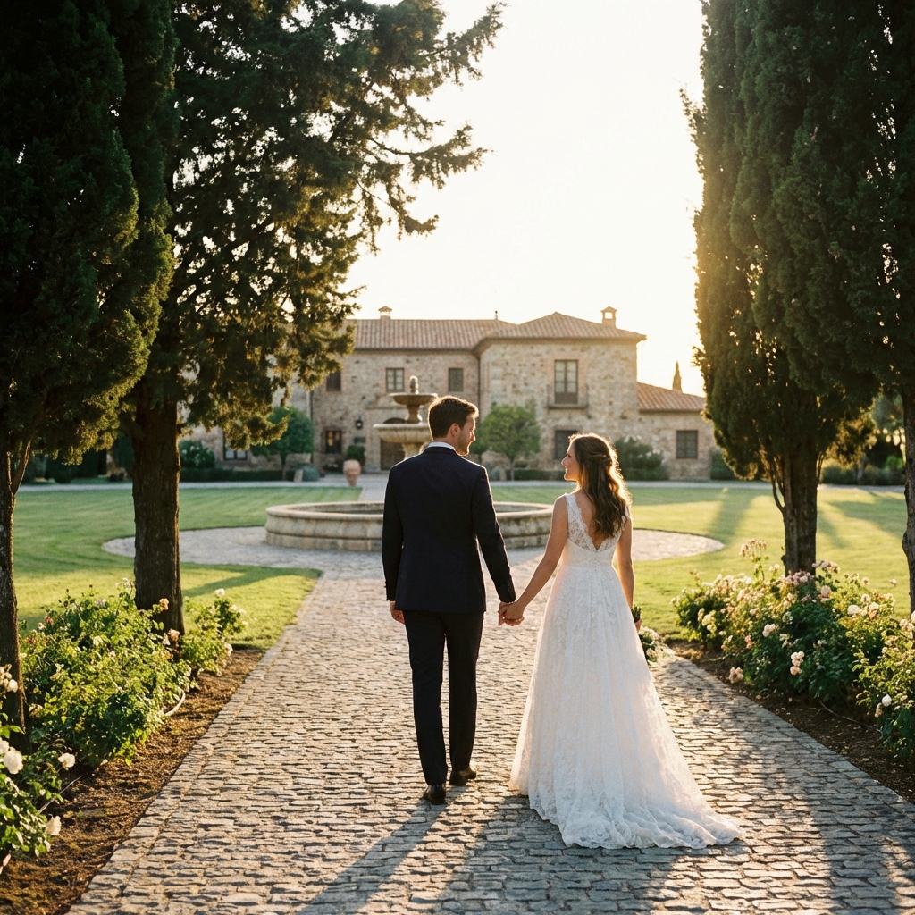 Recién casados caminando por un camino empedrado entre jardines de un club de campo al atardecer