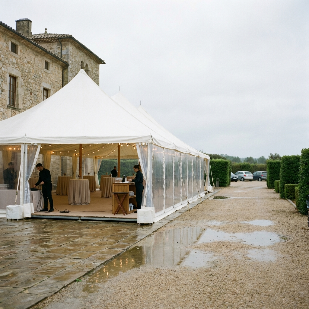 Carpa blanca elegante junto al edificio principal, preparada como plan B por lluvia en un club de campo