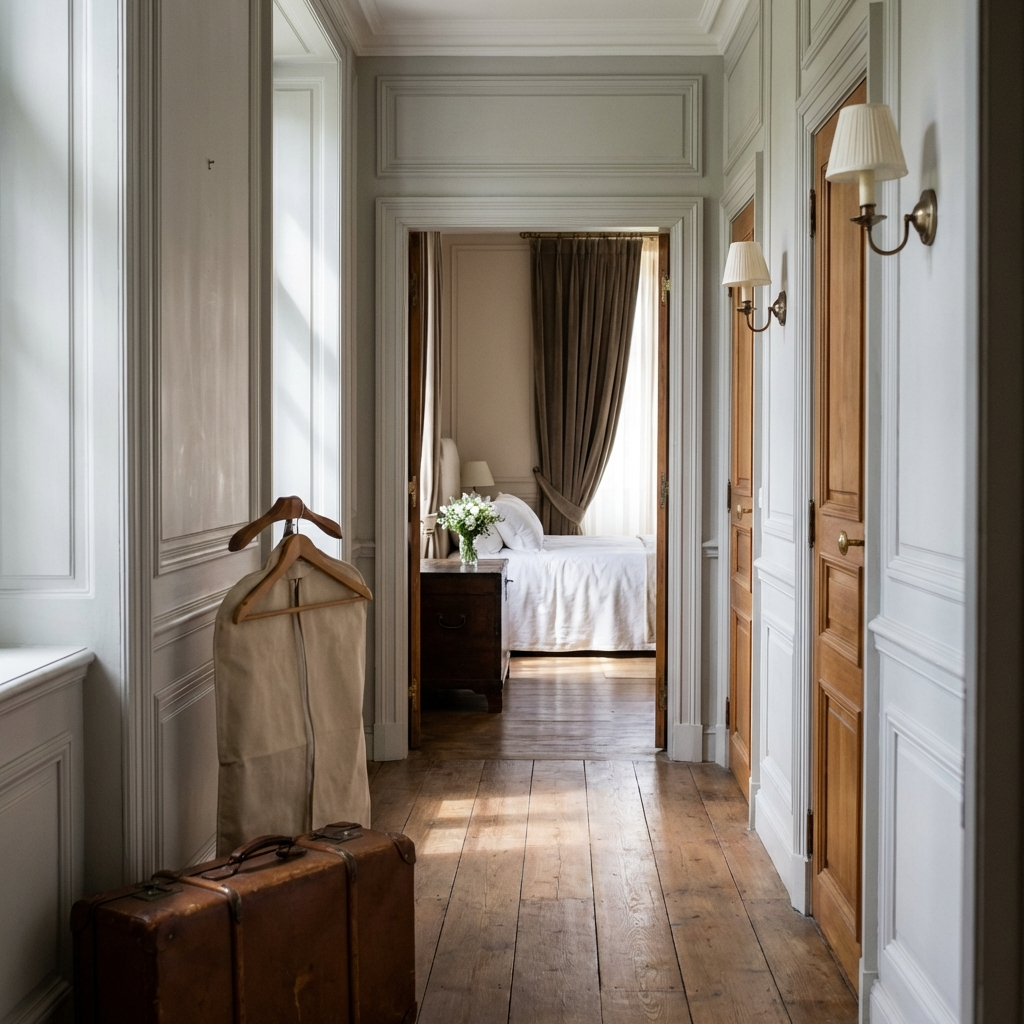 Hospedería boutique en un palacete histórico: pasillo noble y suite luminosa para preparación tranquila de una boda
