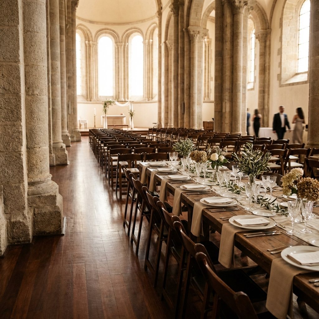 Salón de los Pilares en Santa Emilia: interior histórico con columnas de piedra y montaje para ceremonia o banquete íntimo
