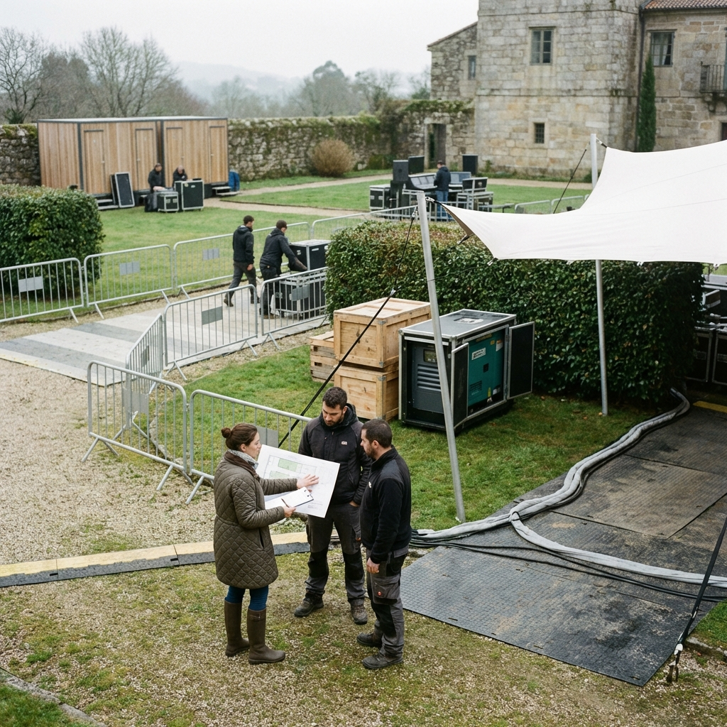 Logística de boda en jardín amurallado: carpa tensada, técnica ordenada y coordinación de proveedores en un palacete histórico