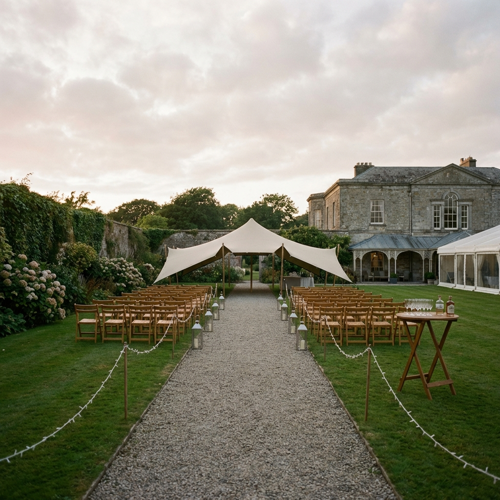 Jardín histórico amurallado preparado para boda íntima en hotel palacete, con carpa blanca y vegetación atlántica