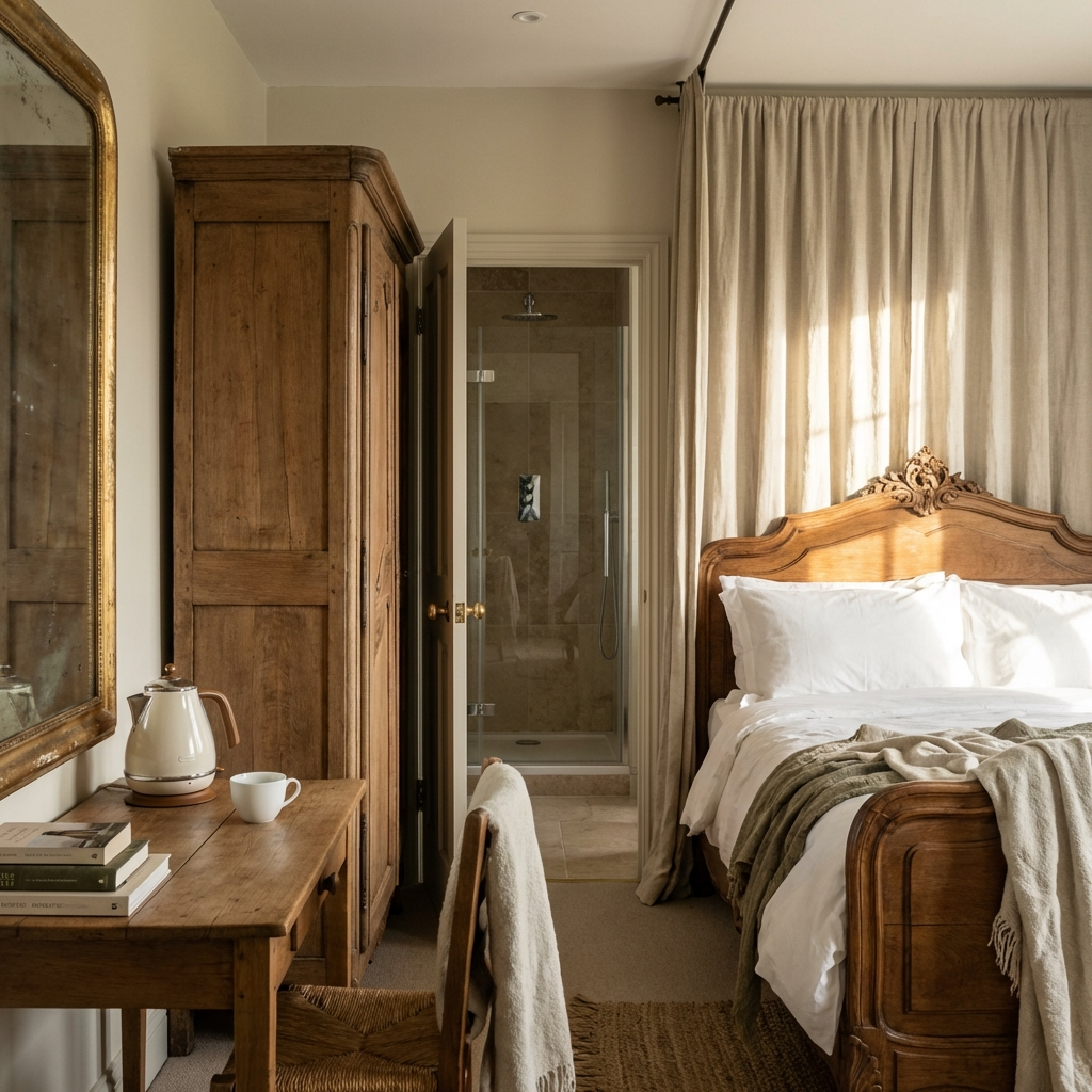 Habitación boutique en hotel palacete: cama tallada antigua, mobiliario histórico y baño moderno integrado con confort