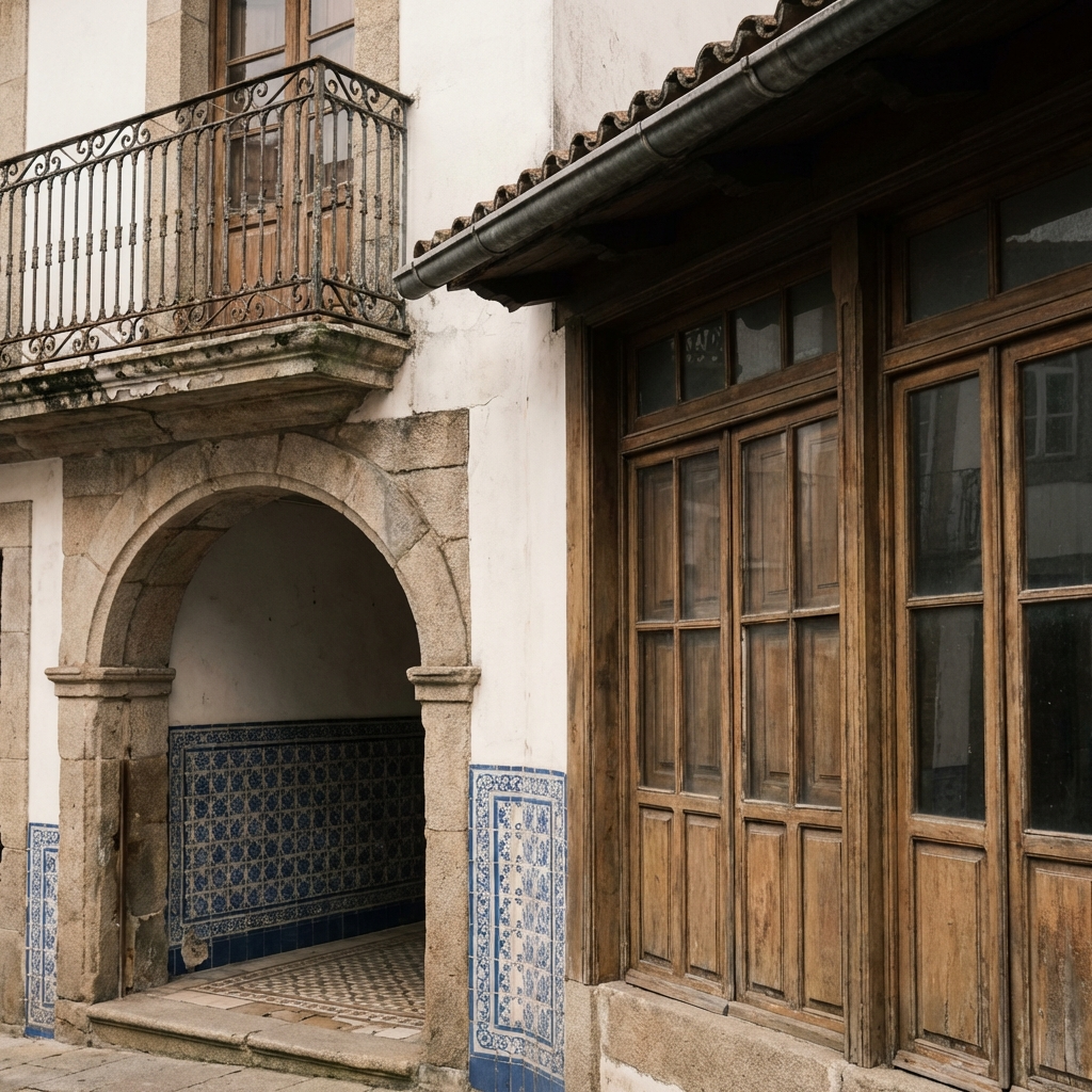 Detalle de fachada de arquitectura indiana con balcón de hierro forjado, zócalo de azulejería, arco de medio punto y galería acristalada