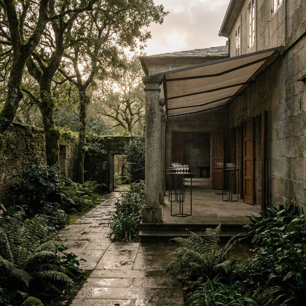 Finca para boda en Lugo: palacete de piedra con jardín amurallado tras la lluvia y porche preparado para cóctel