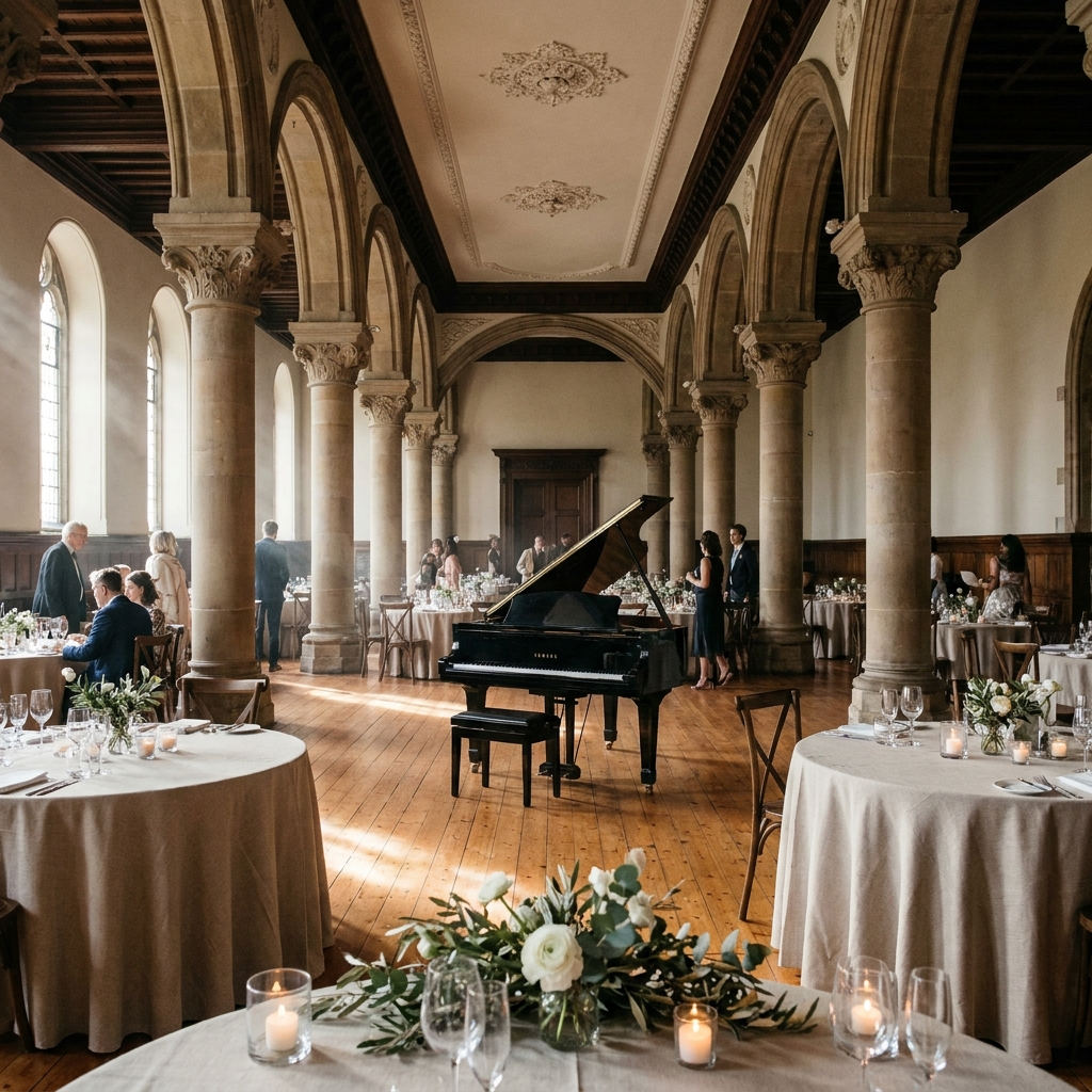 Salón de los Pilares de Santa Emilia con montaje de banquete: columnas románicas, techos altos y piano, lugar para eventos hasta 90 comensales
