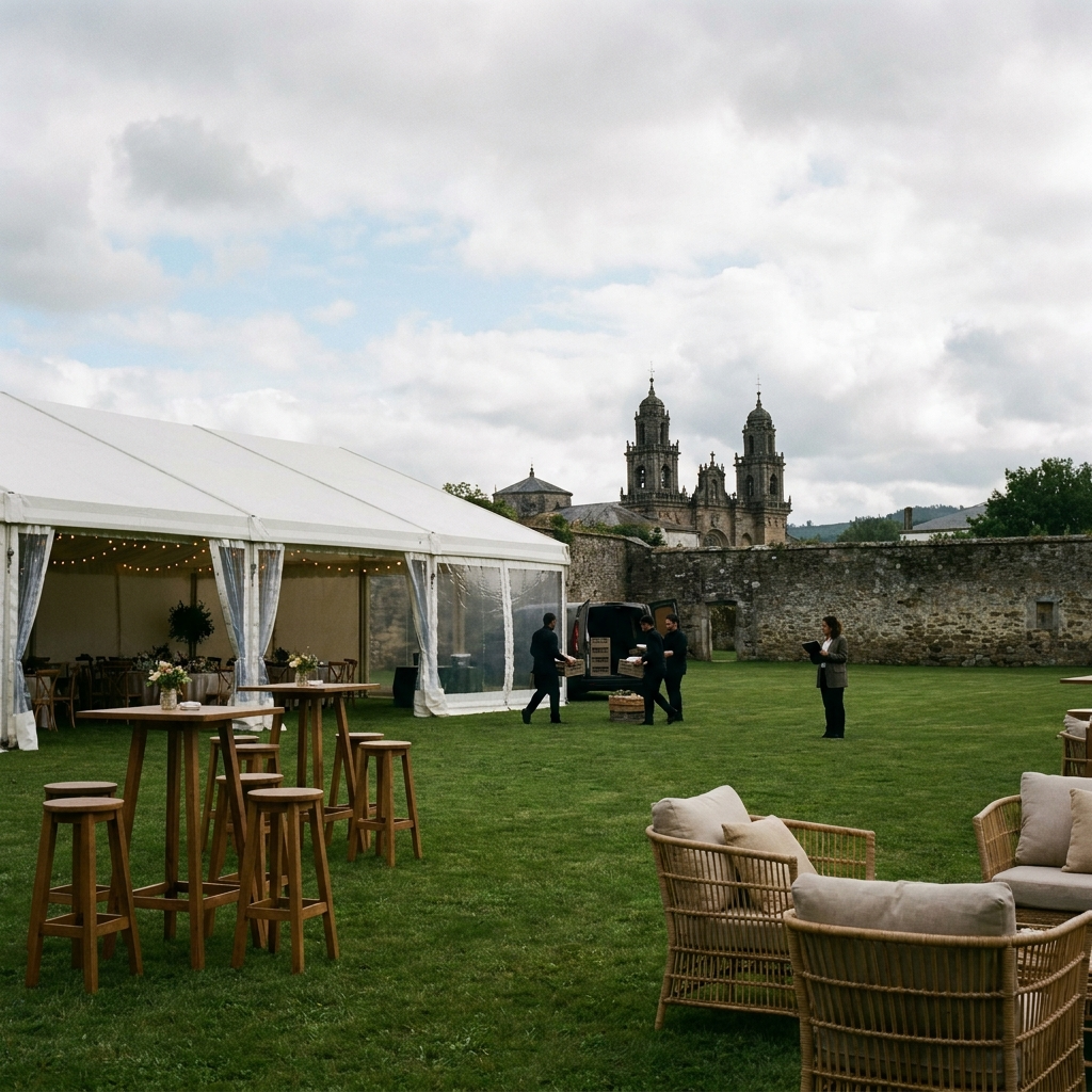 Jardín privado amurallado de Santa Emilia preparado para evento con carpa y zona de cóctel, lugar para eventos en Mondoñedo (Lugo)