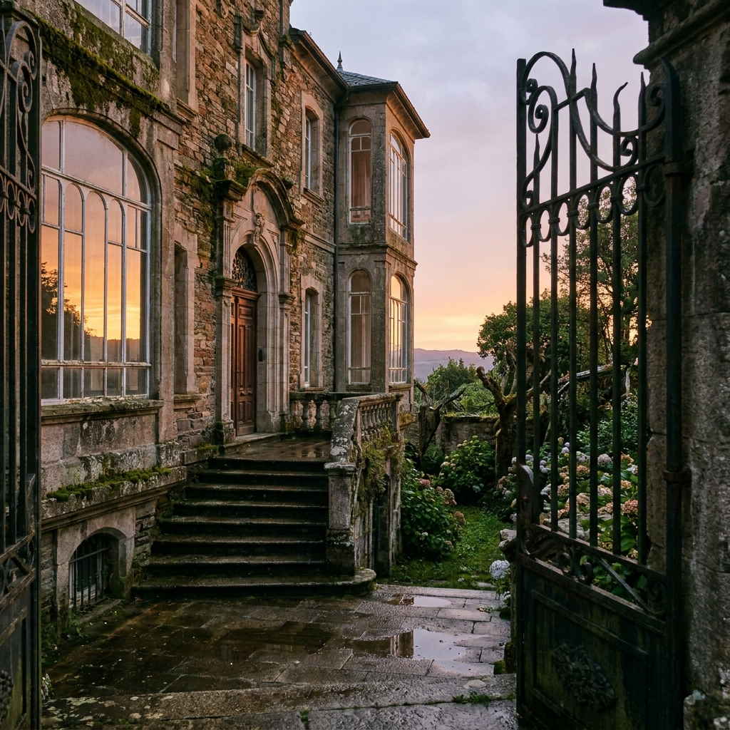 Exterior del palacete indiano Santa Emilia en Mondoñedo (Lugo), un lugar para eventos con jardines privados amurallados