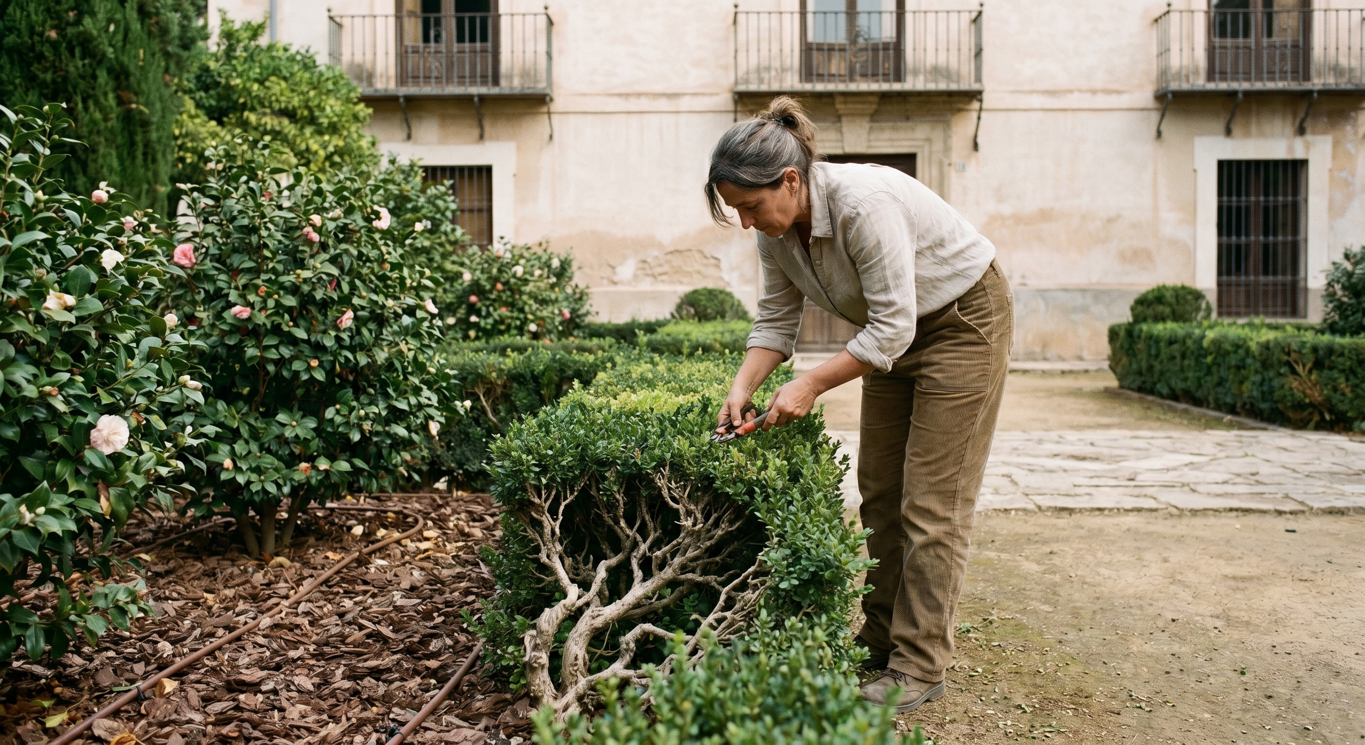 Conservación de jardín histórico en casa rural con jardín: poda profesional, seto antiguo, camelias y riego por goteo