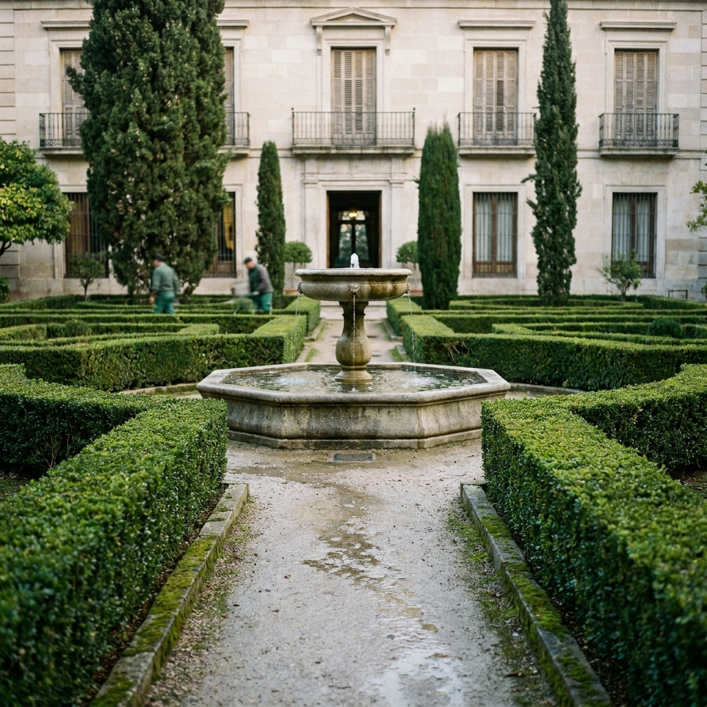 Amanecer en un jardín histórico español con eje de grava, parterres de boj y fuente de piedra junto a un palacete noble
