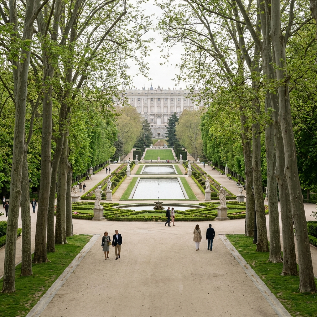 Paseo cultural por jardines históricos de España con alameda, parterre formal, lámina de agua y silueta de palacio al fondo