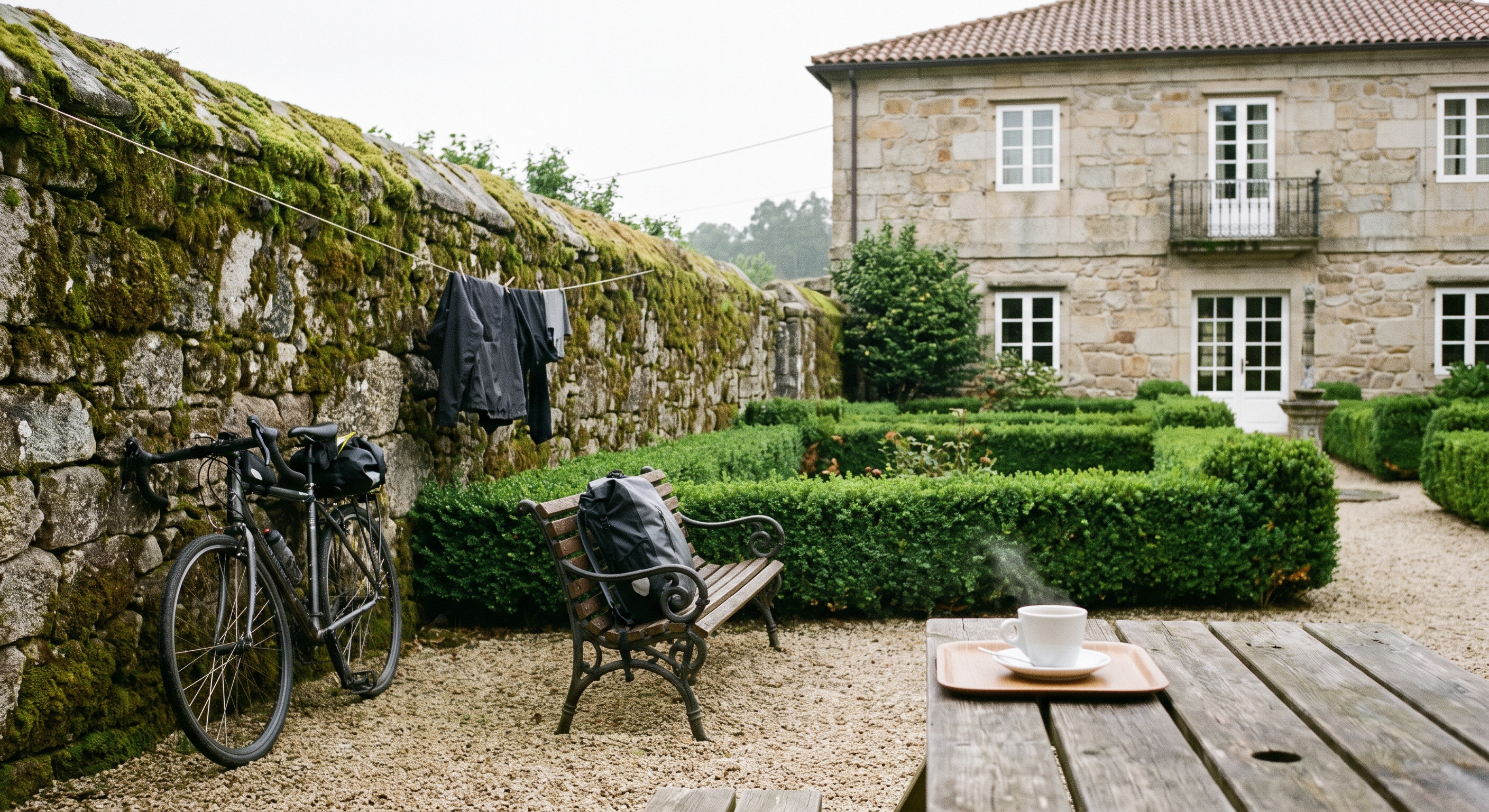 Jardín amurallado de Santa Emilia con bicicleta, mochila y café: logística práctica para peregrinos
