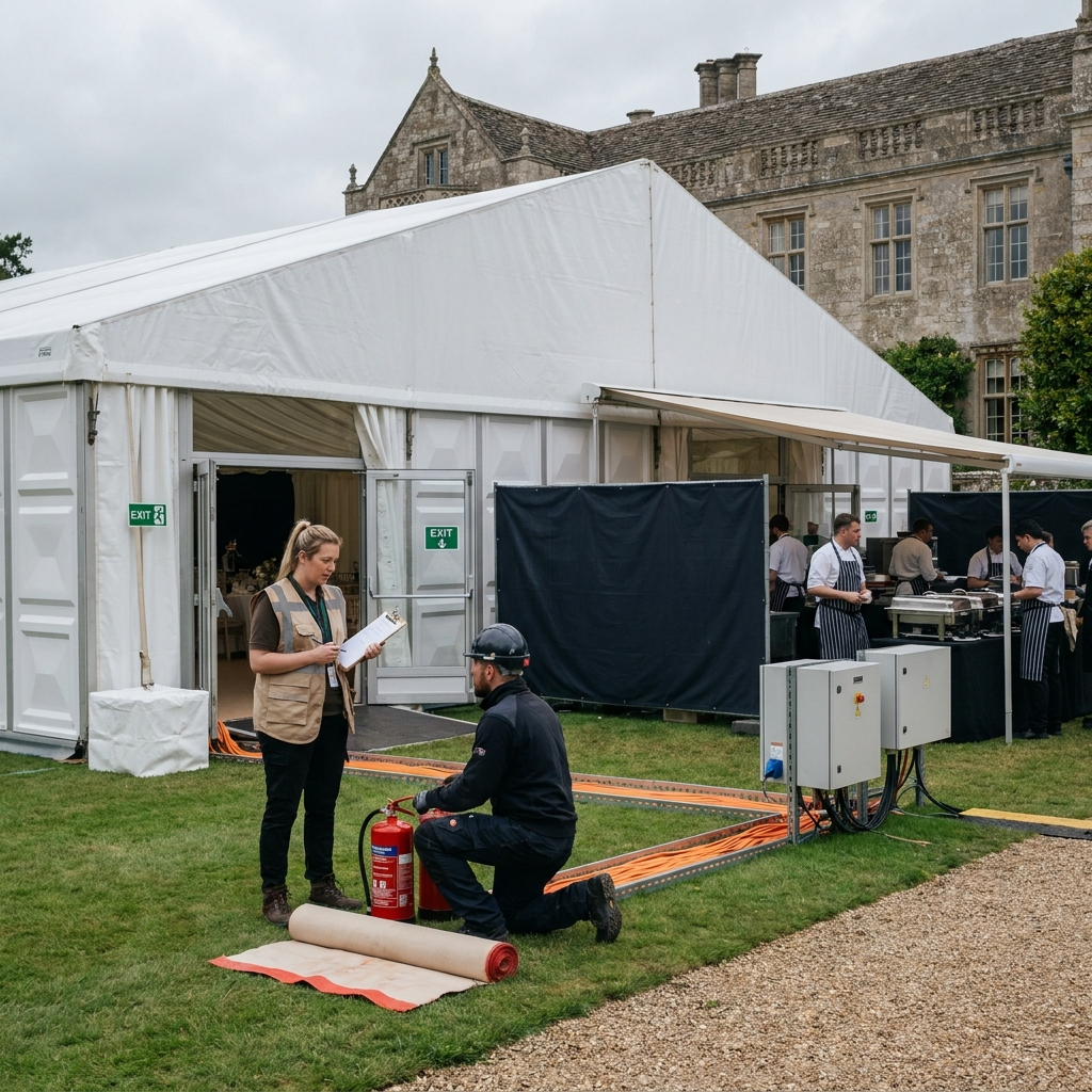 Montaje profesional en jardín con carpa modular como plan B, distribución eléctrica ordenada y back-of-house para catering