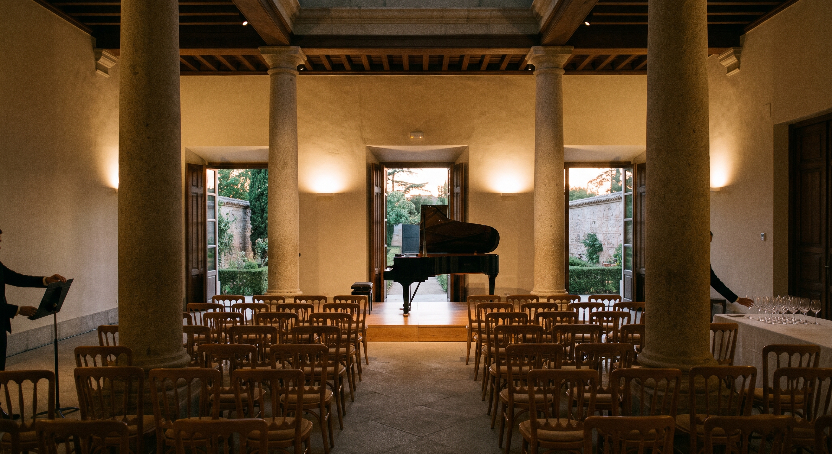 Evento privado contenido en el Salón de los Pilares con piano y sillas tipo concierto; puertas abiertas al jardín amurallado